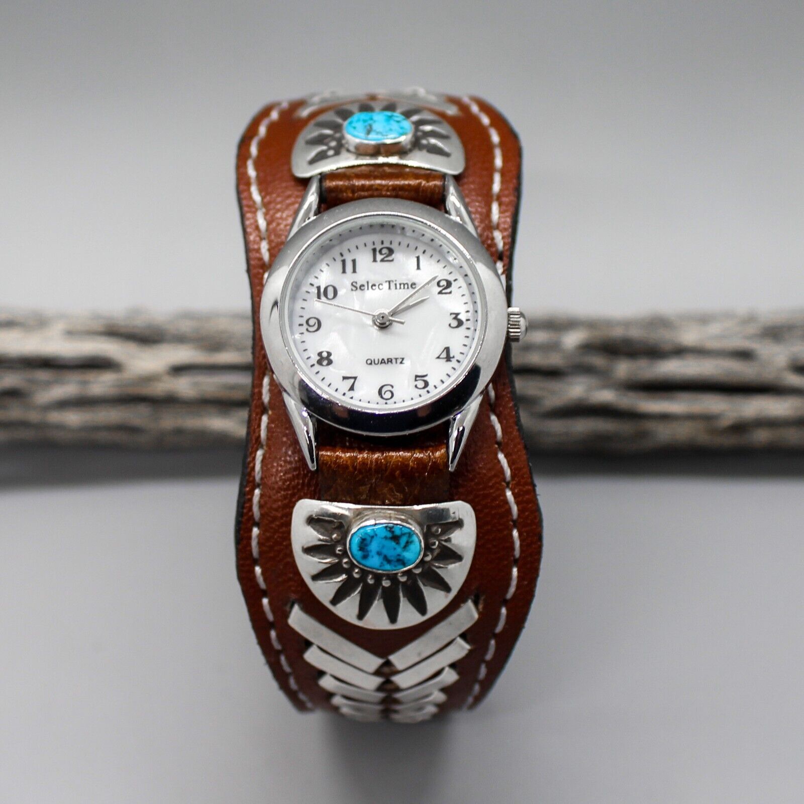 NAVAJO-BROWN LEATHER, TURQUOISE, & STERLING WATCH CUFF  by FRANK ARMSTRONG