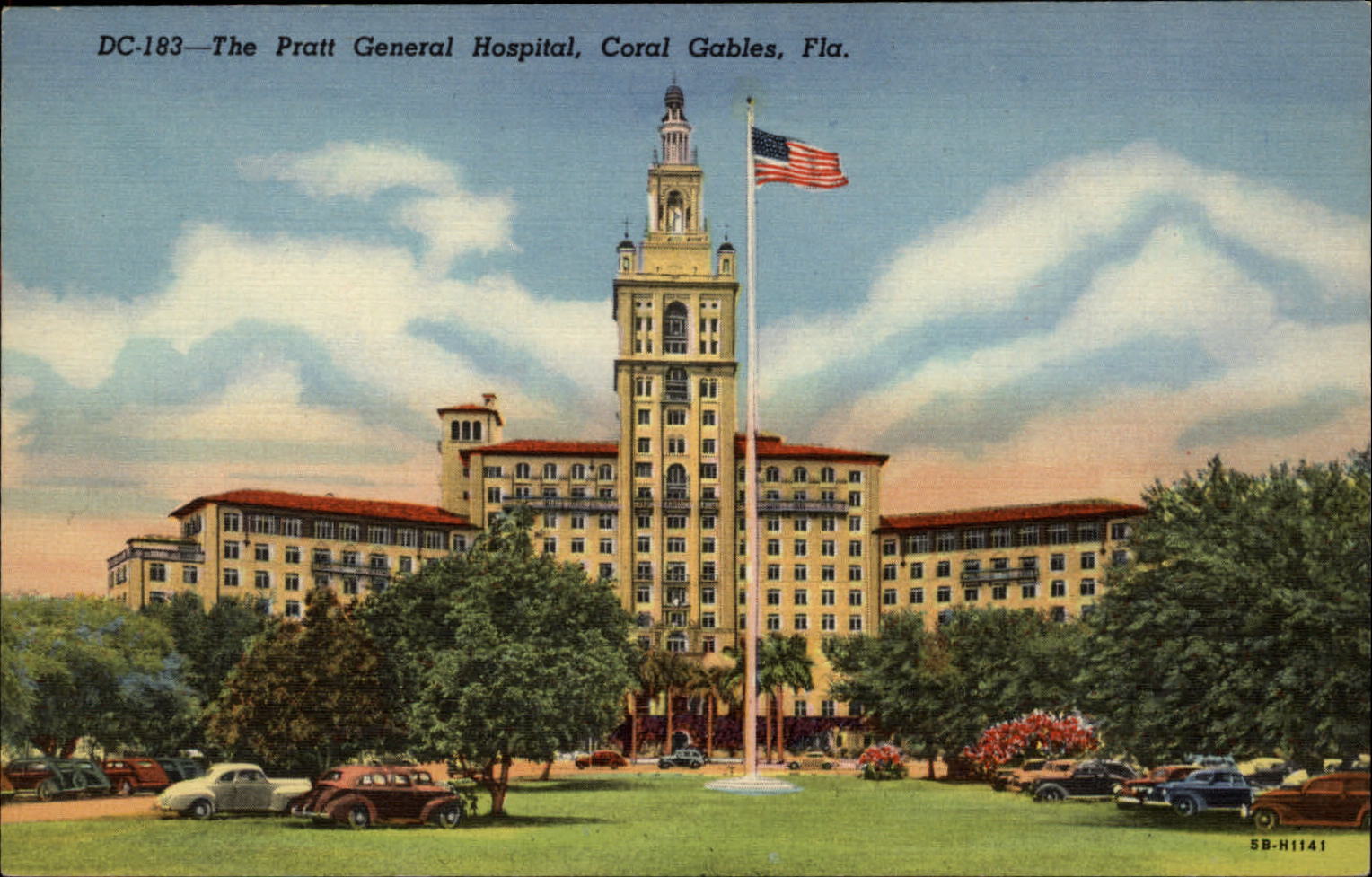 Coral Gables Florida Pratt General Hospital vintage cars flag palm ~ 1940s linen