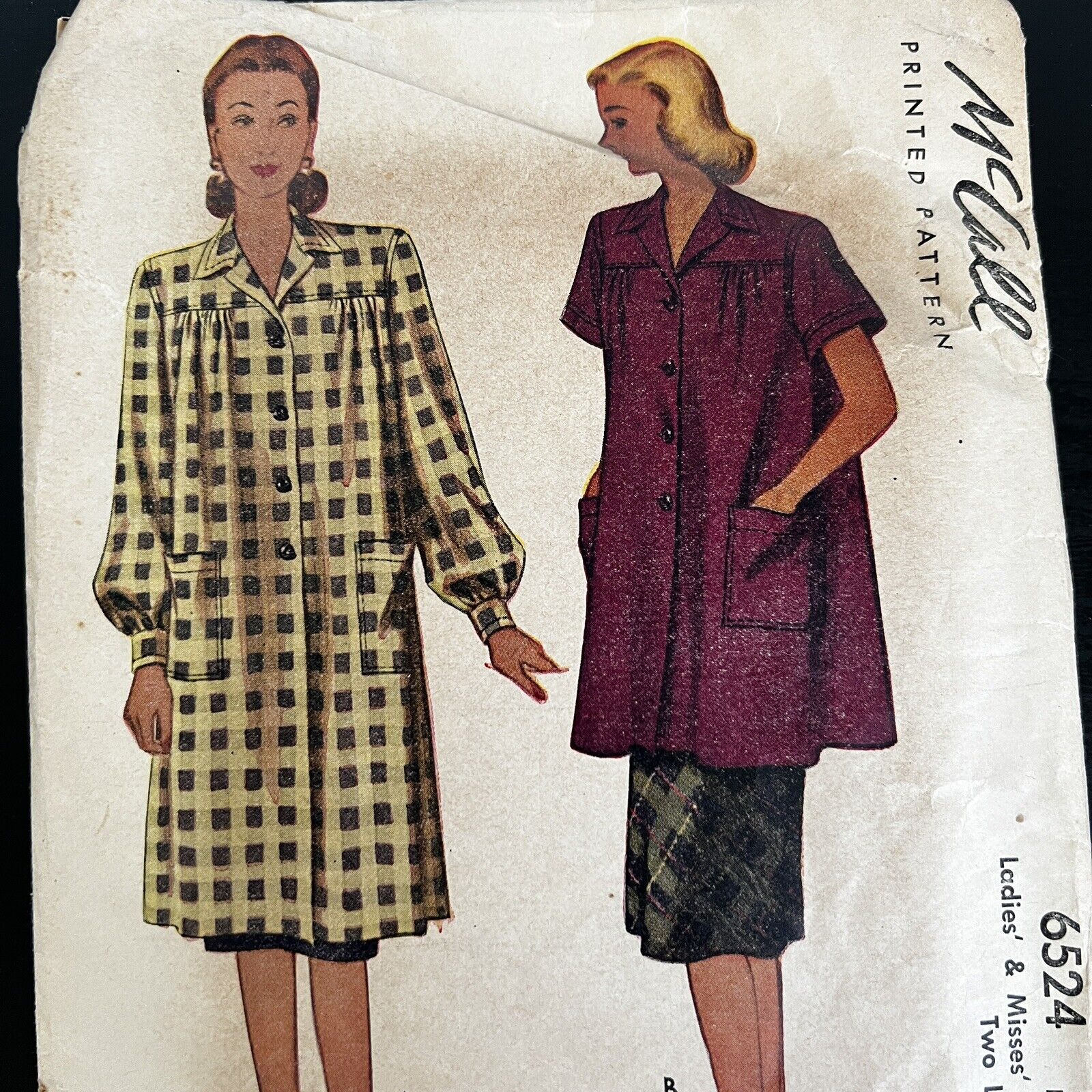 Vintage 1940s McCalls 6524 Collared Button Smock Top Dress Sewing Pattern 38 40