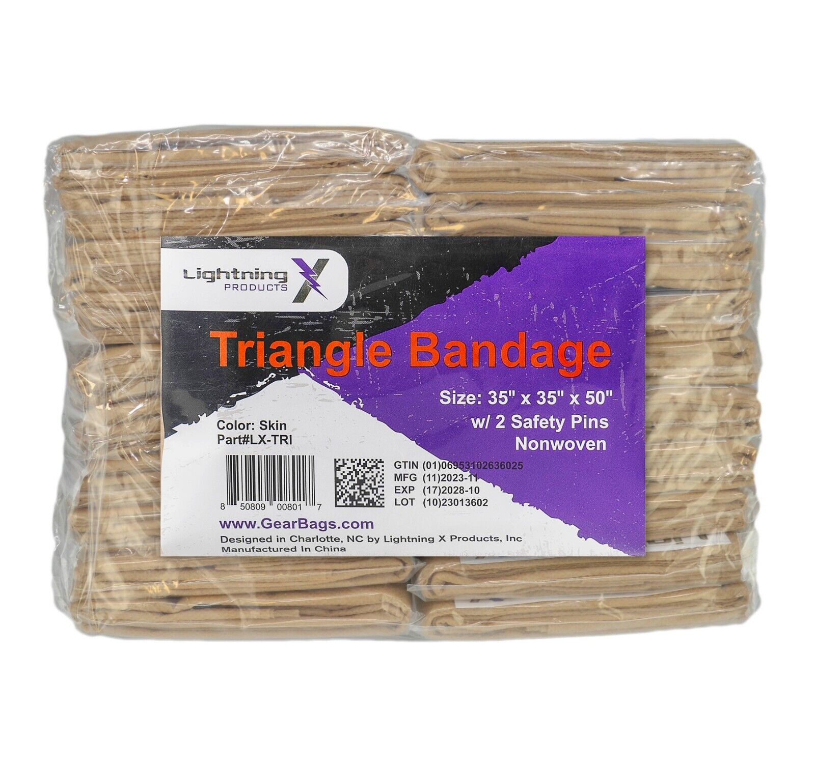 Lightning X Triangle Bandage w/ Safety Pins - Pack of 20 - Non Woven & Latex Fre