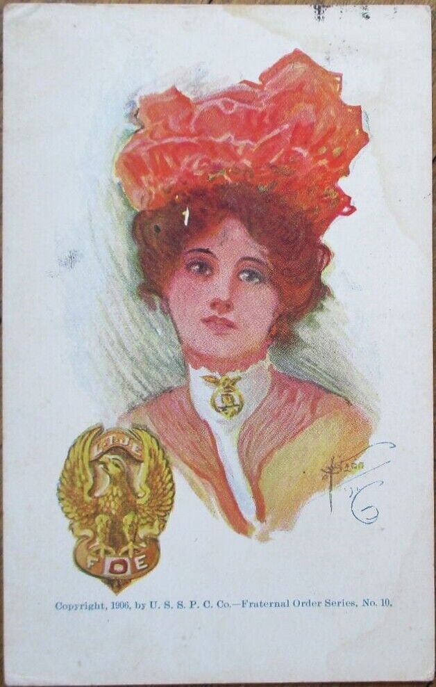 Elk FOE BPOE 1908 Glamour Postcard, Beautiful Woman, Fraternal Order Series 10