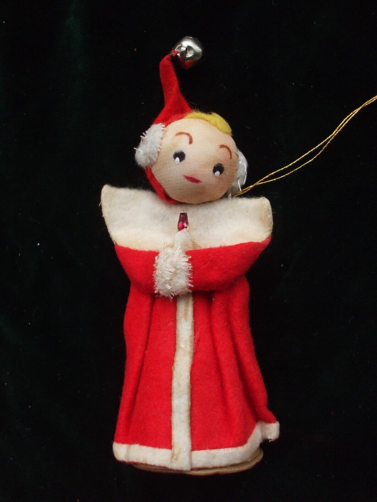 Vintage Christmas Tree Ornament Figure Nylon Head Caroler Chenille Felt Japan