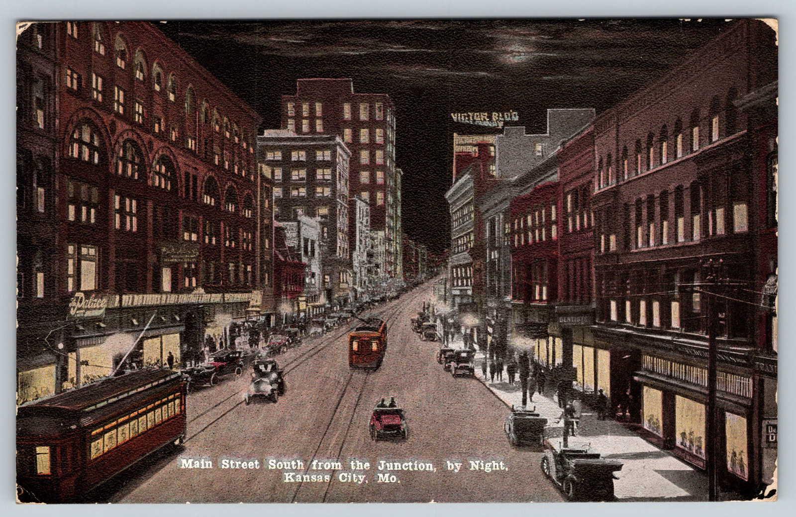 c1910s Main Street Sout Junction Night View Kansas City MO Antique Postcard