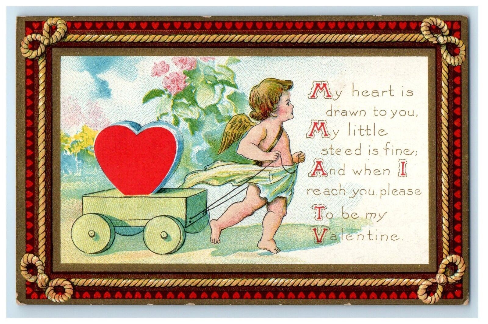 c1910\'s Valentine Cupid Angel Pulling Cart Big Heart Flowers Embossed Postcard
