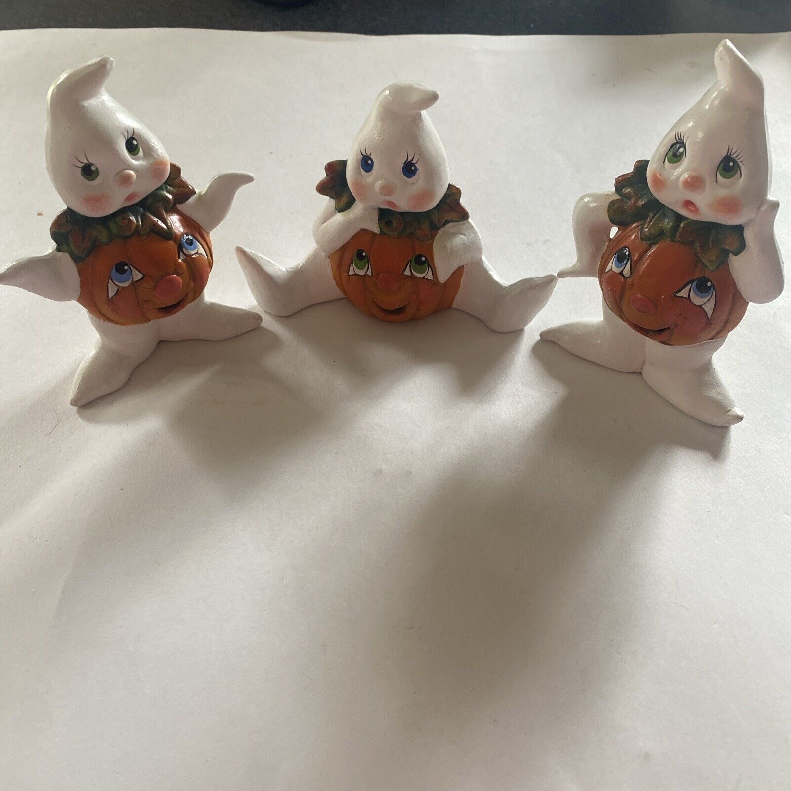 Vintage (3) Hand Painted Halloween Ceramic Friendly Ghosts w/ Pumpkin Figurines
