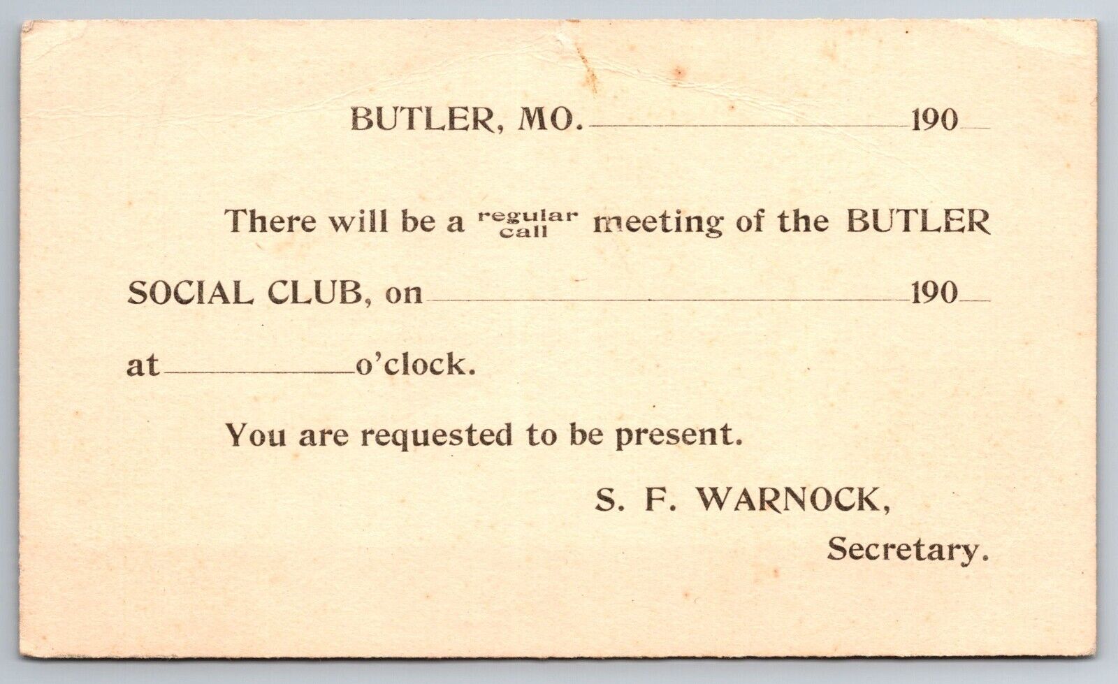 Vintage Postcard MO Butler Social Club Postal Card ~11503