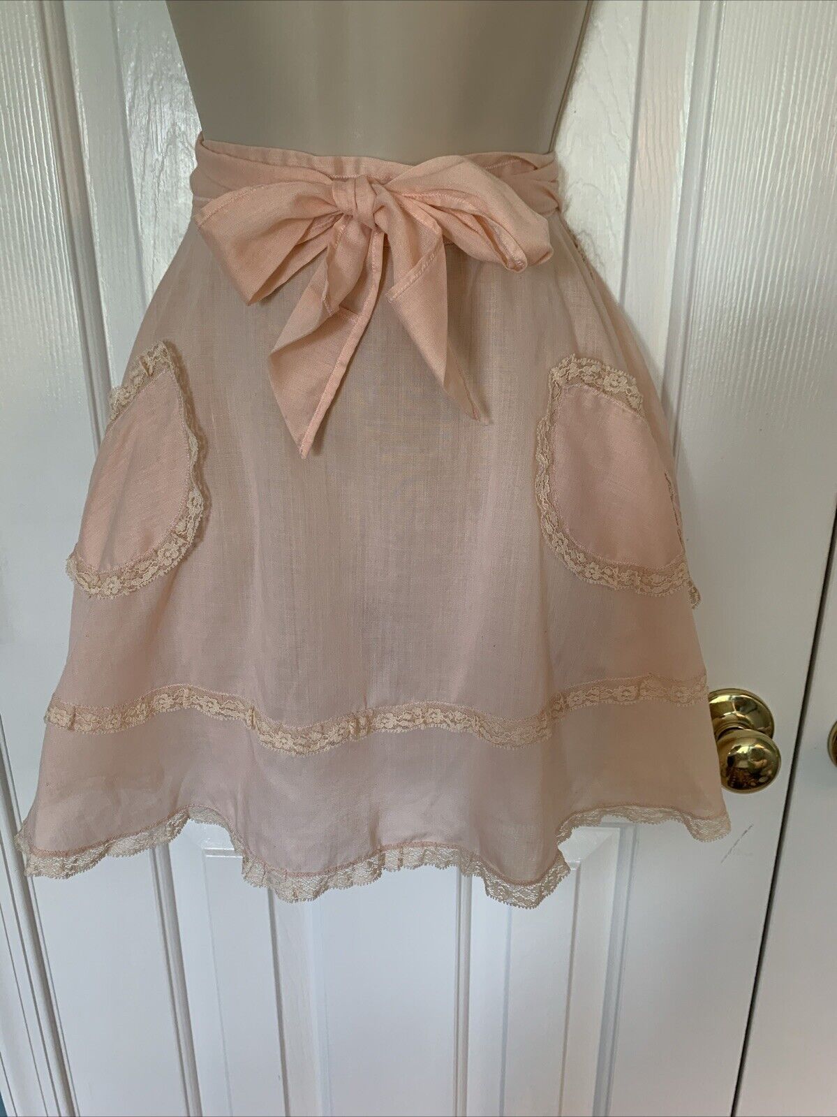 Vintage Half Apron Pink Sheer With Ivory Lace Trim And Two Lace Trim Pockets