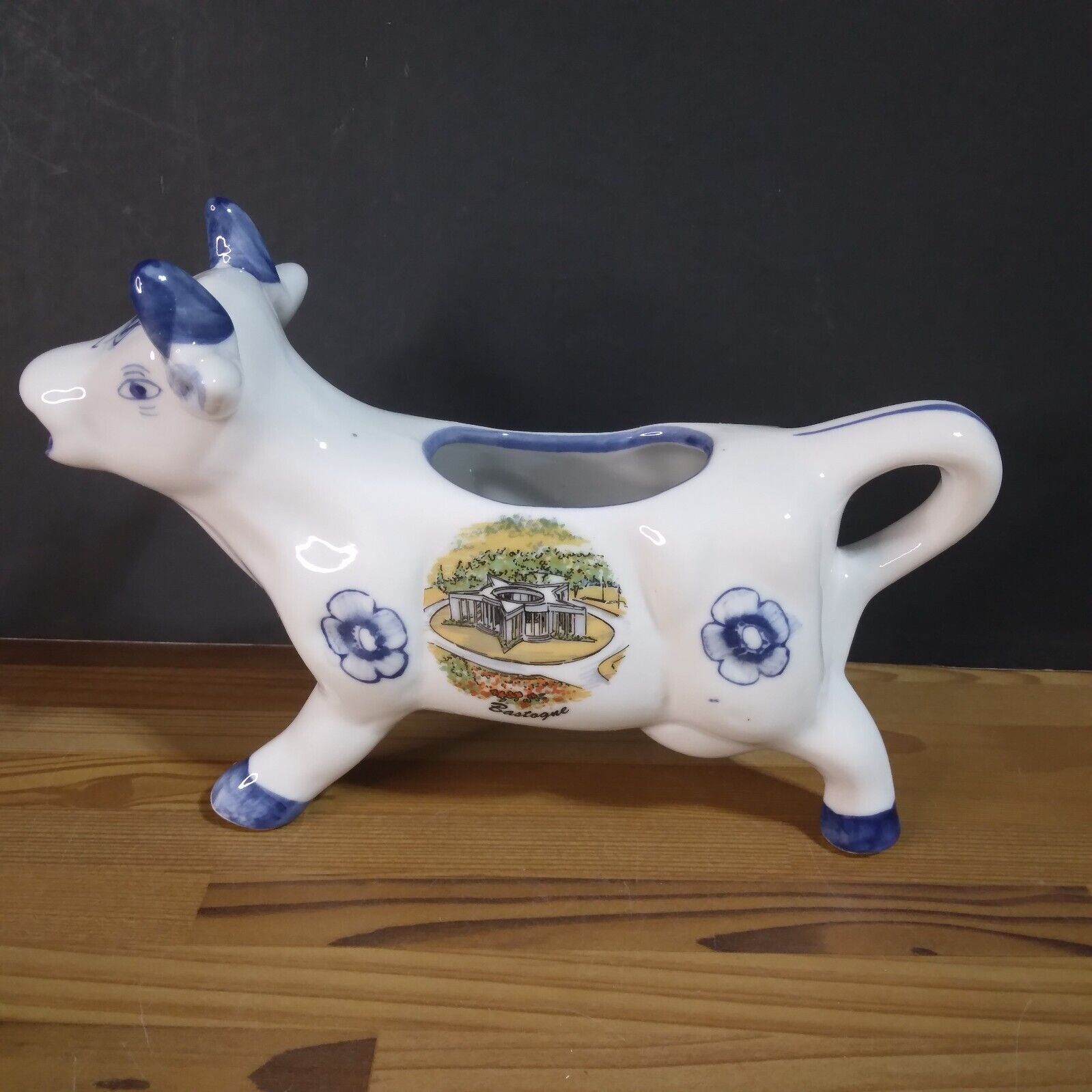 Vtg Ceramic Cow Creamer Delft Blue Floral Pattern Figurine Bastogne Belgium