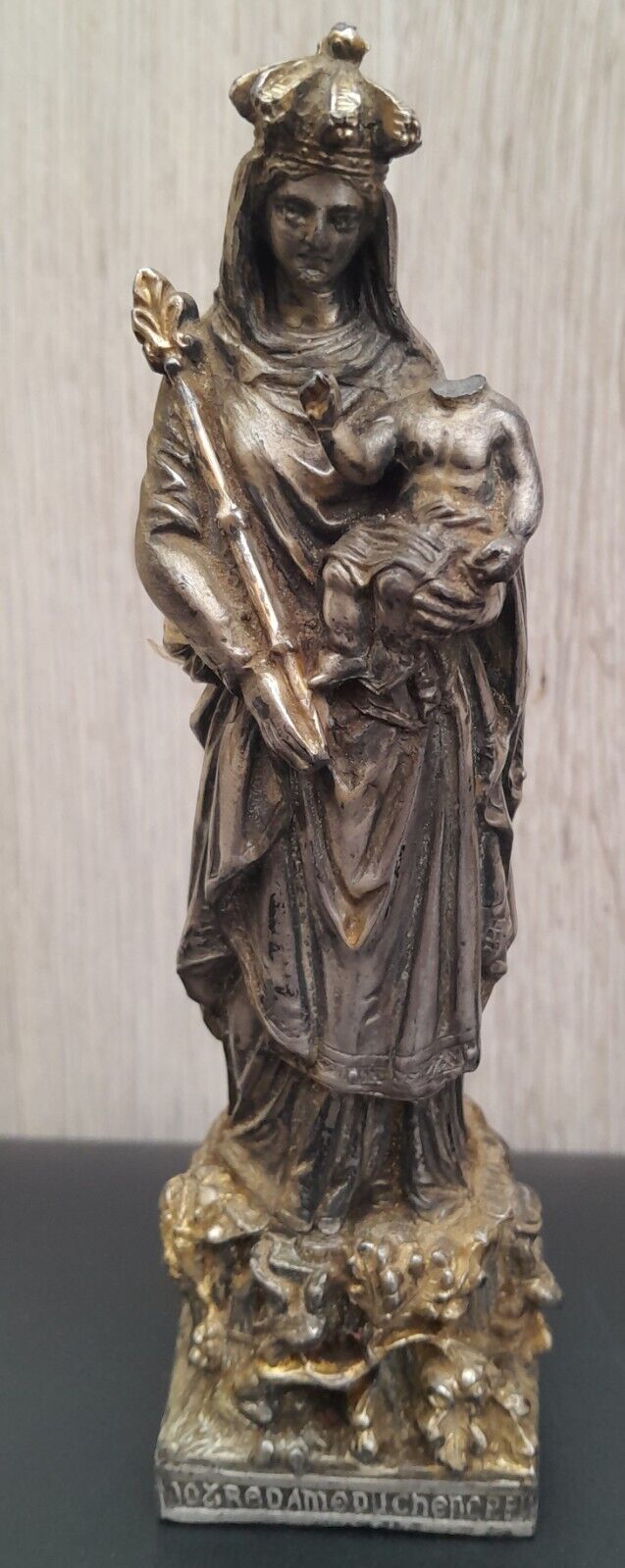 Antique Figure Religious Virgin IN and Child Notre Dame of / The Oak Npp Spelter