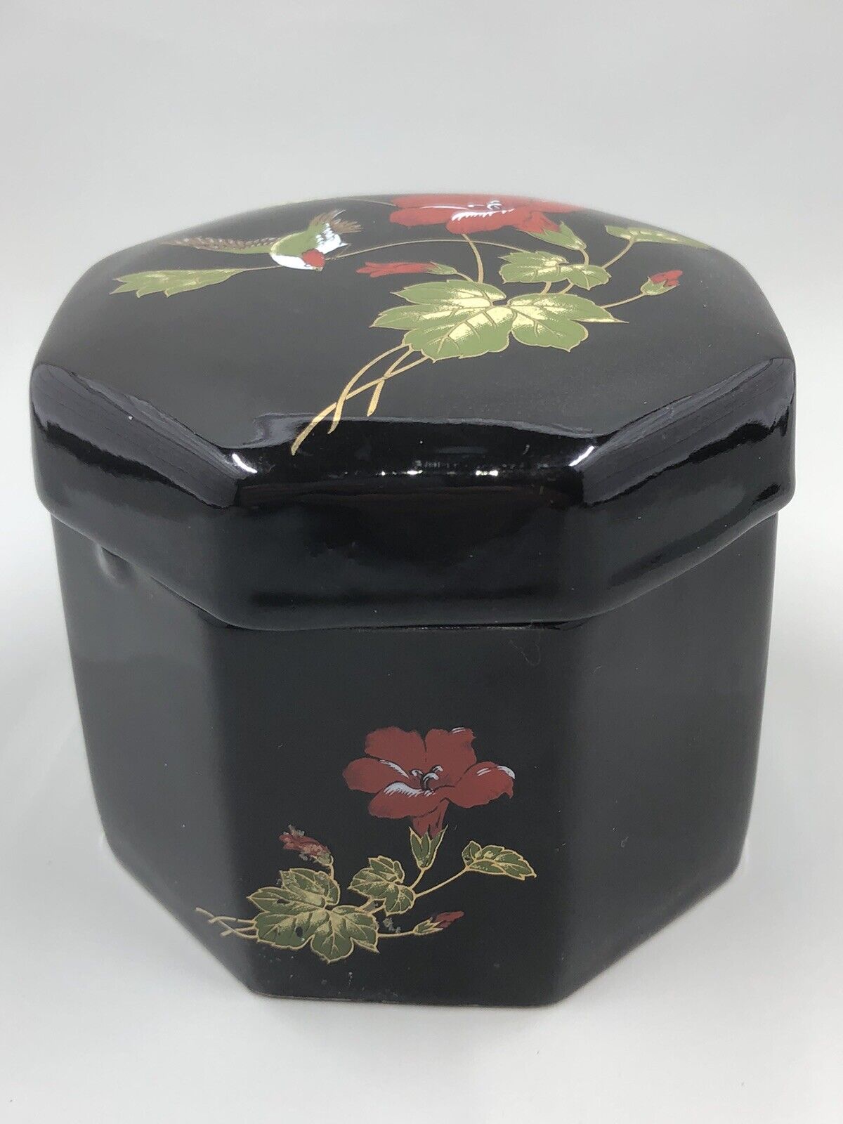 Vintage Porcelain Trinket Box Octagon Black with Lid Floral & Hummingbird Japan