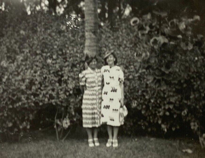 Two Women Standing By Tree & Bush B&W Photograph 2.5 x 3.5