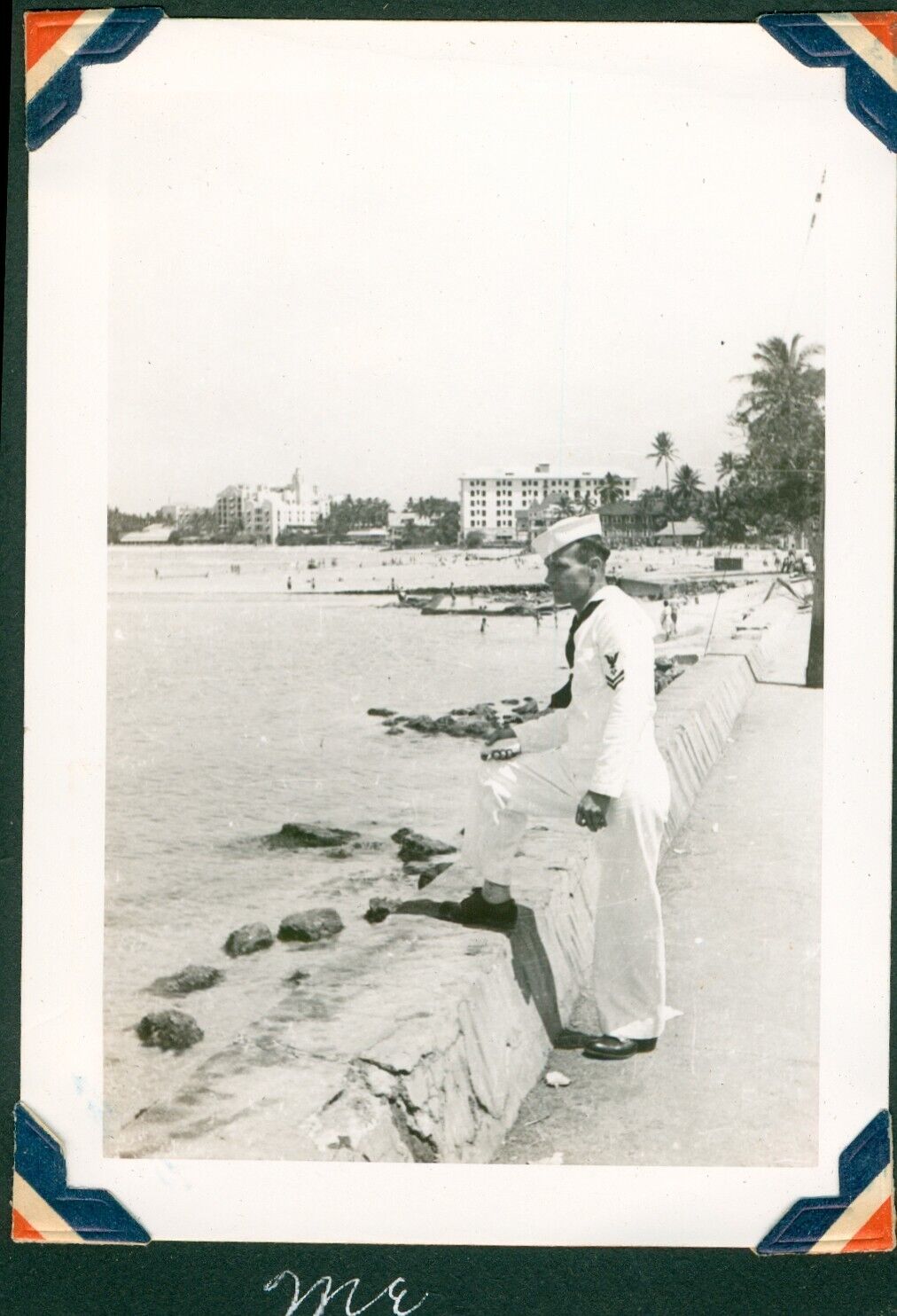 1940\'s WWII  Waikiki Beach Hawaii sailor\'s photo  me, Moana Hotel, RH Hotel