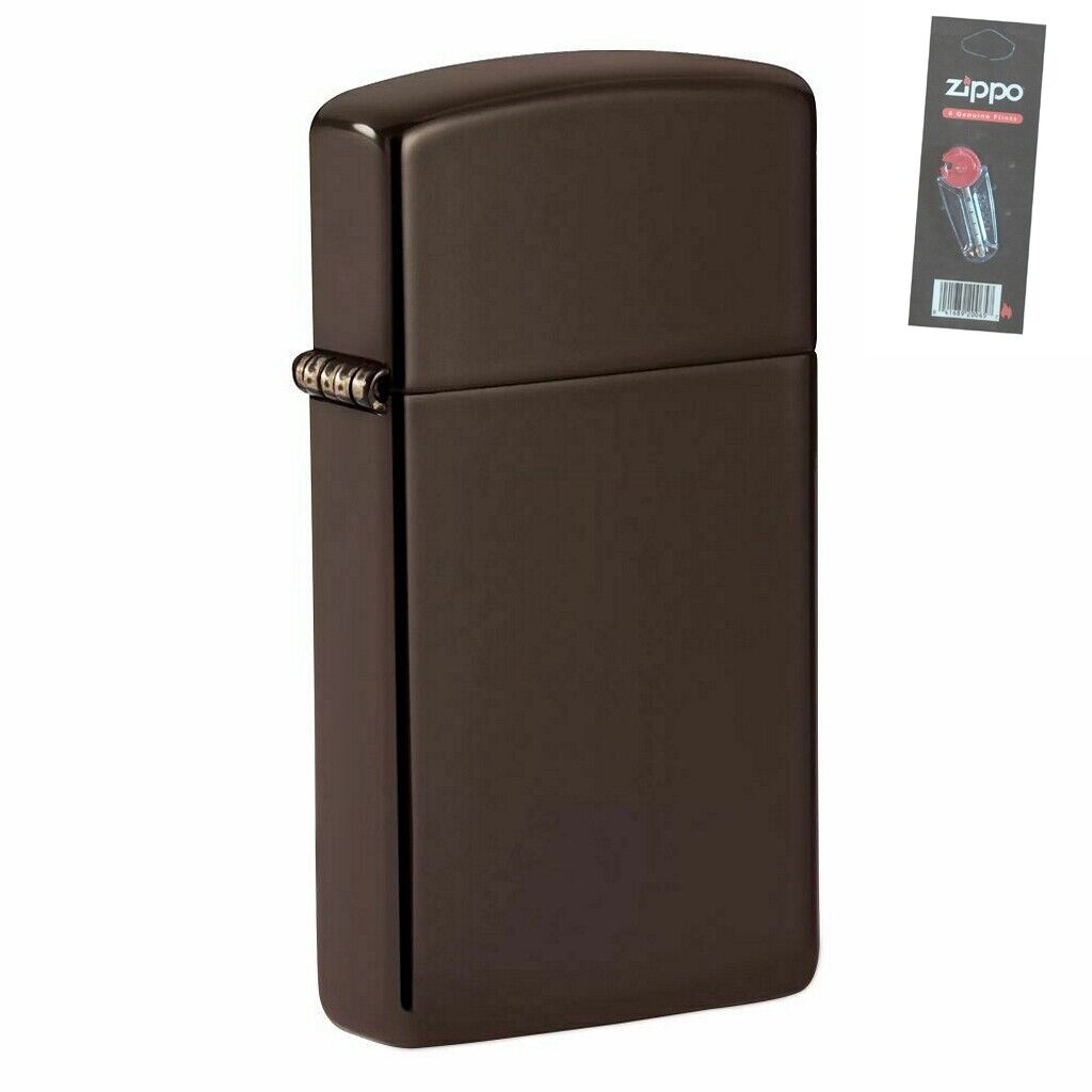 Zippo 49266 Slim Brown Windproof Pocket Lighter + FLINT PACK