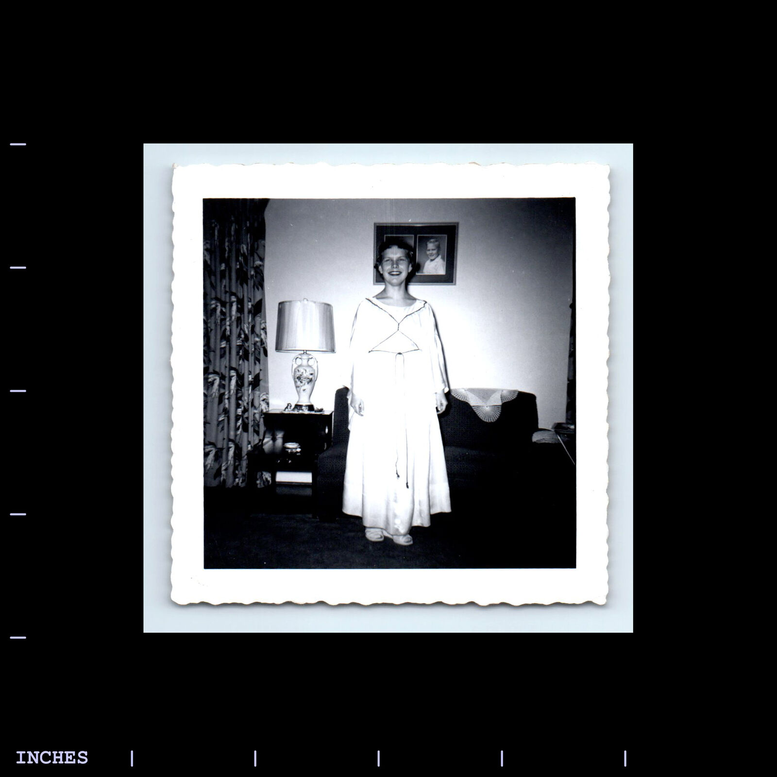 Vintage Square Photo WOMAN STANDING IN LIVING ROOM