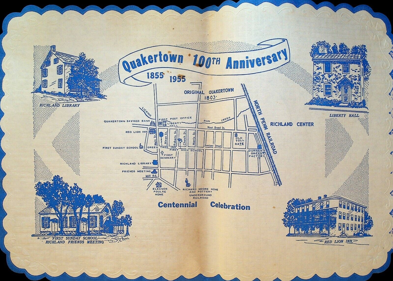 Quakertown Pennsylvania 100th  Anniversary Placemat 1955 Blue Trim