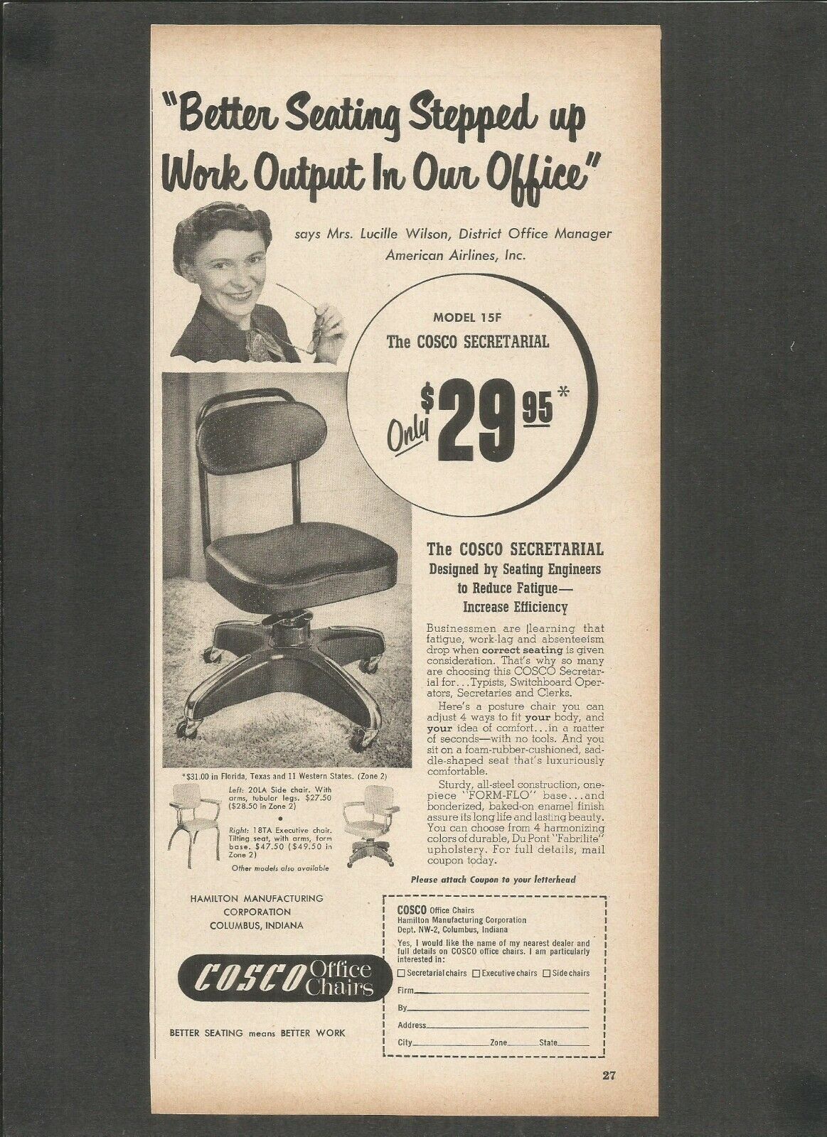 COSCO Office Chairs . COSCO SECRETARIAL - 1953 Vintage Print Ad