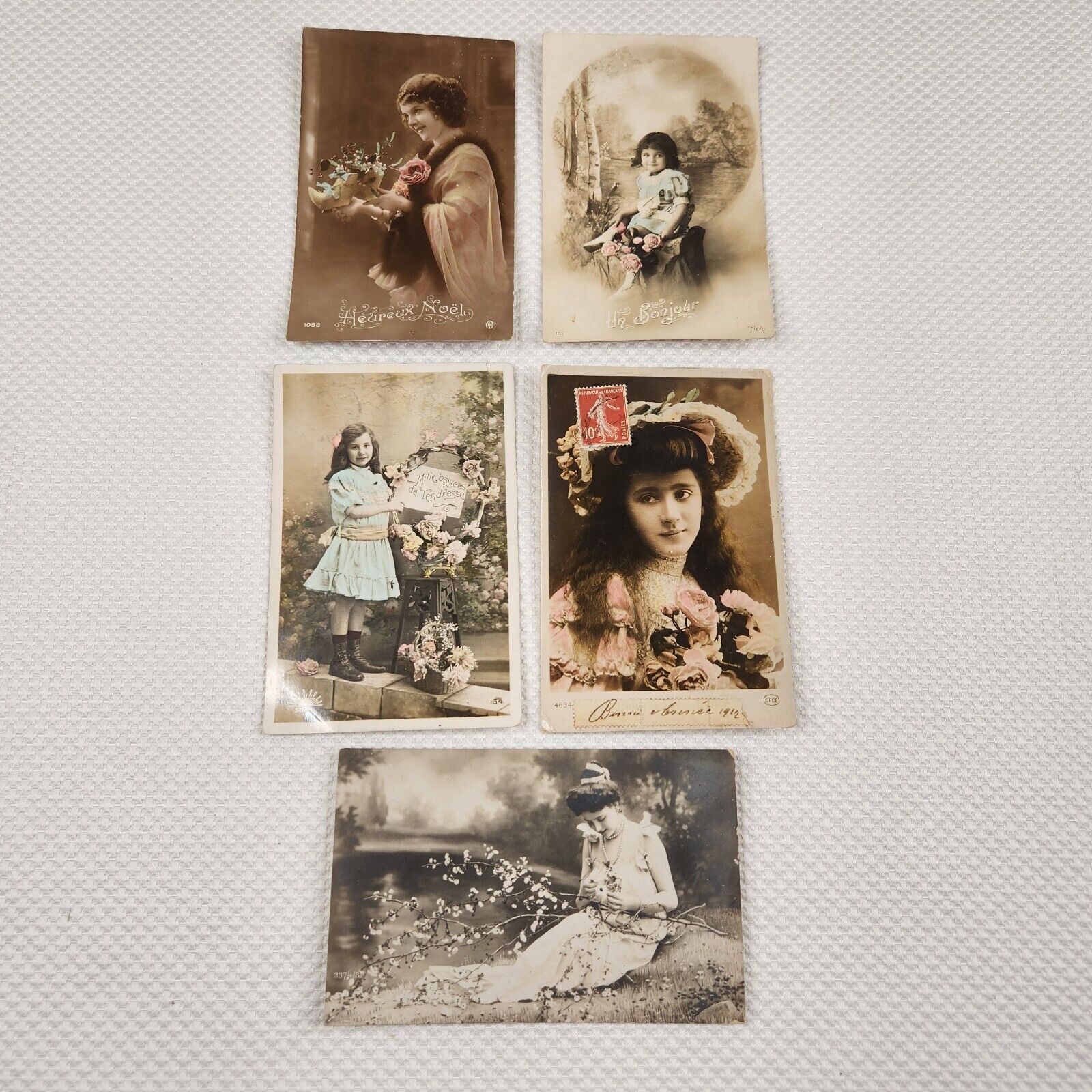 Antique RPPC Postcard Lot 5 Victorian Hand Colorized Girls Flowers French