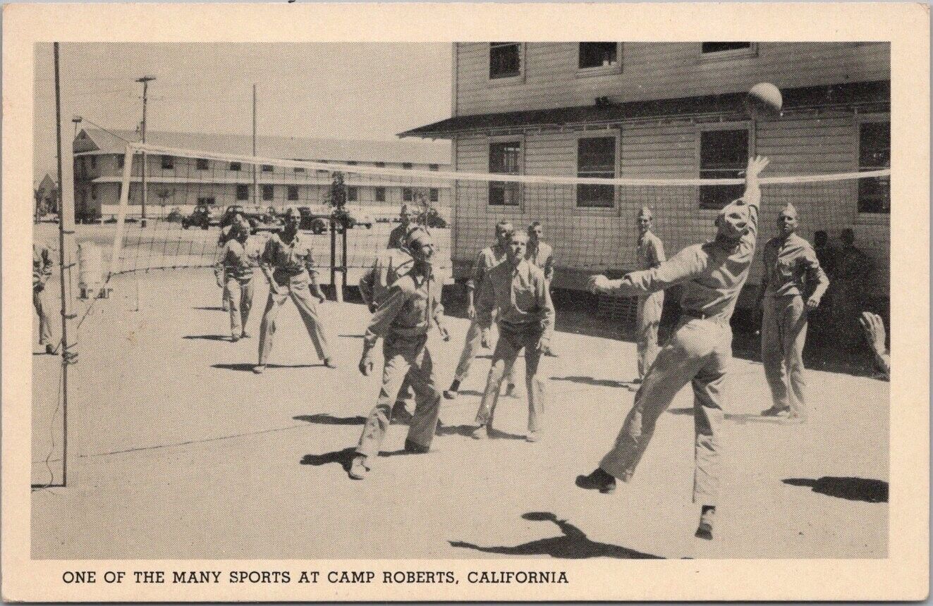 c1940s WWII CAMP ROBERTS, California Postcard National Guard Camp / VOLLEYBALL