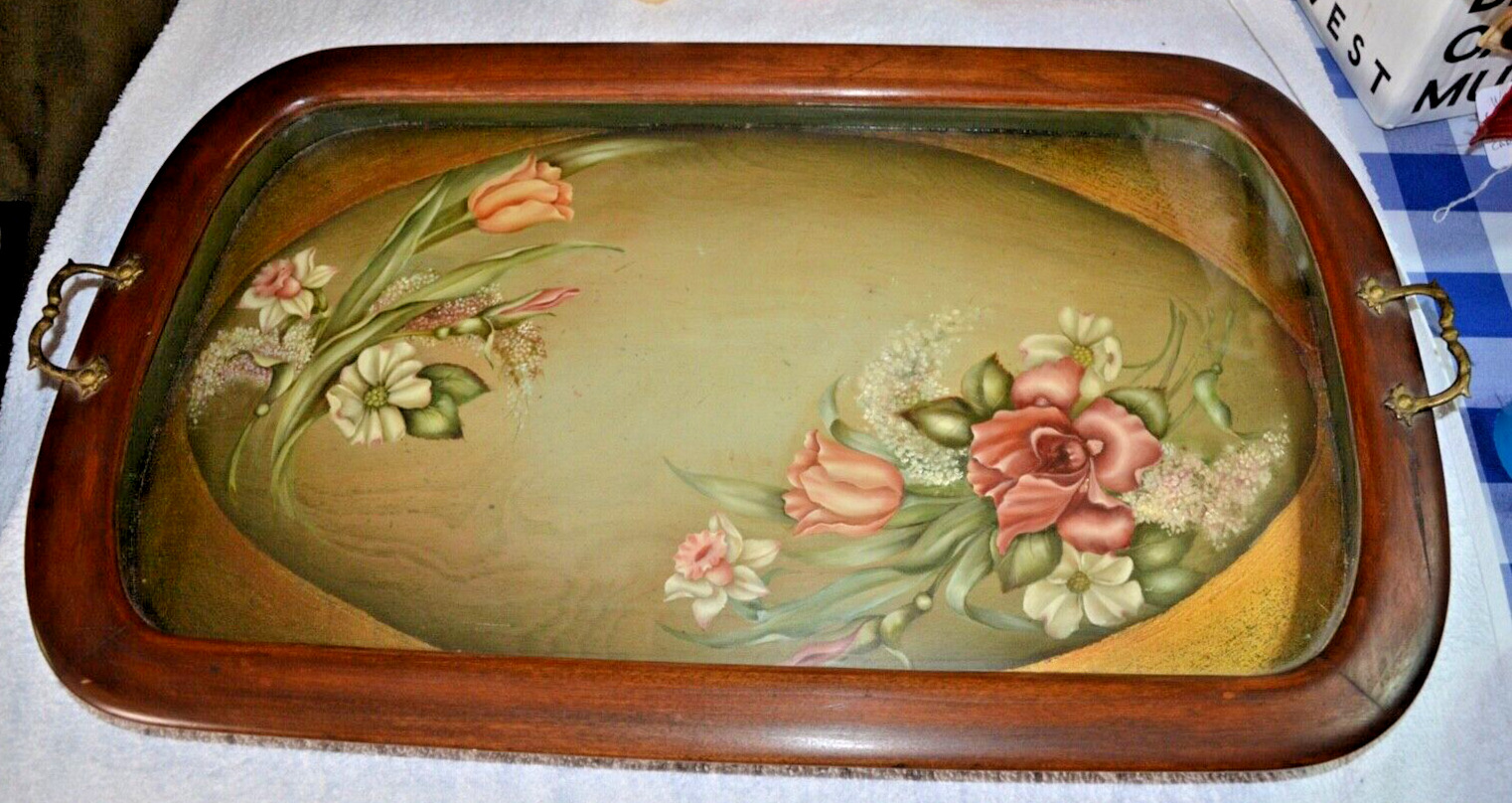 Stunning Antique French Hand Painted Flowers under Glass Wooden Wood Tray 25