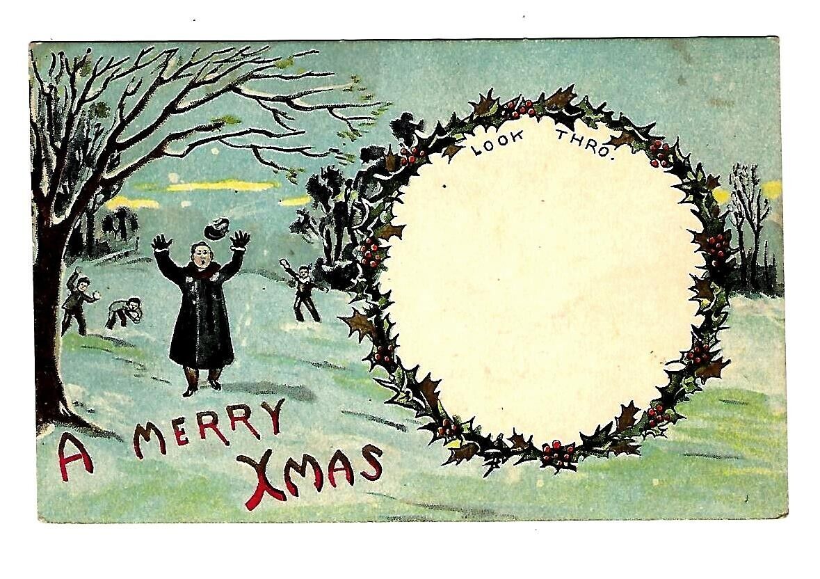 1911 Hold to Light Christmas Postcard Man Getting Hit With Snowballs