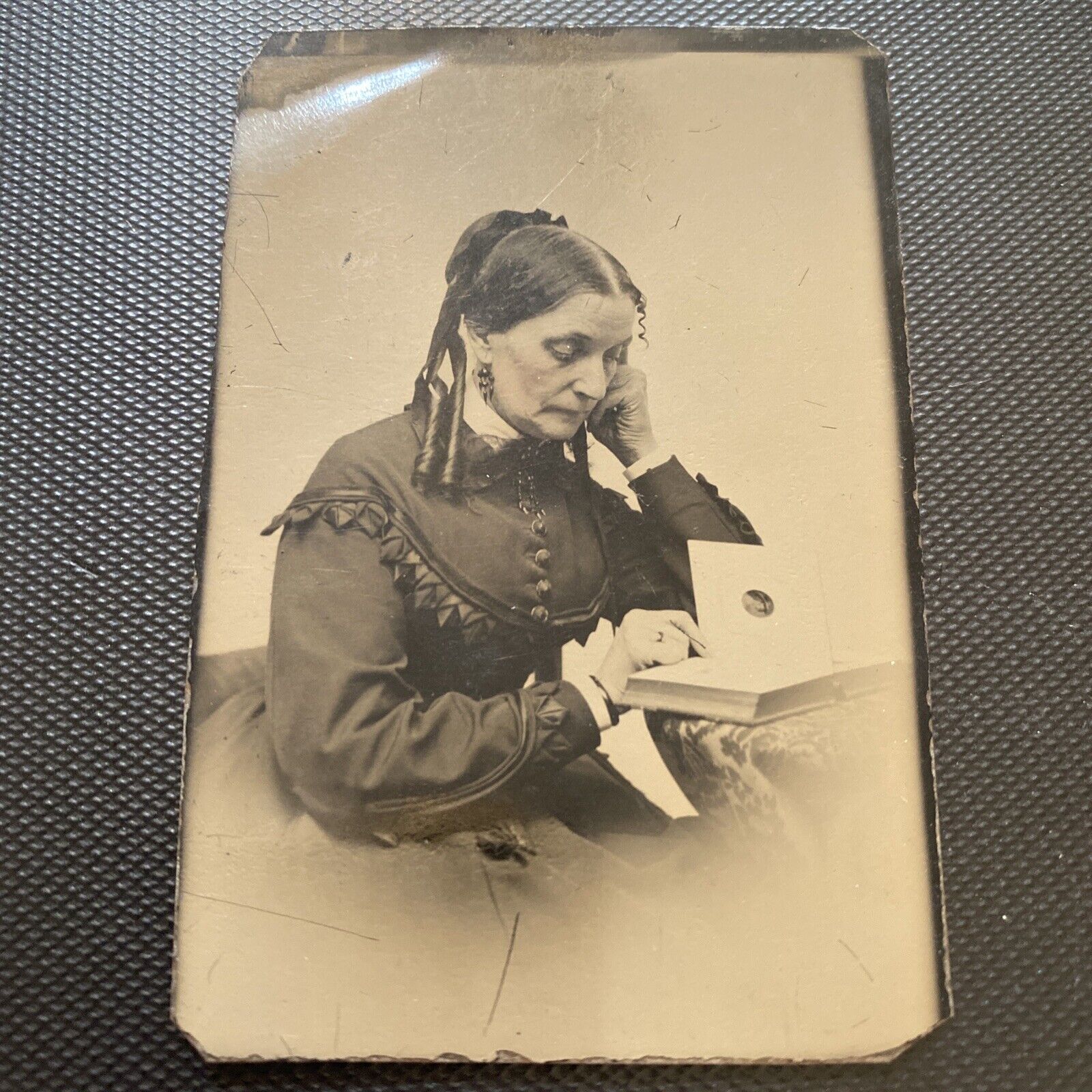 ATQ Circa 1860 1870 Tintype Woman Examining A Photo Album Civil War ERA