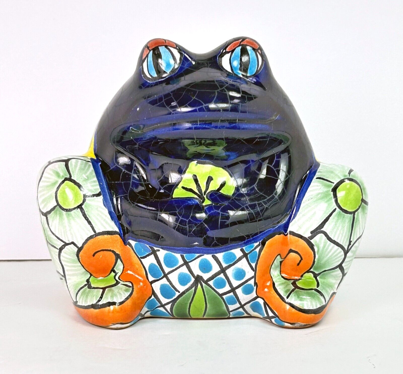 Talavera Mexican Pottery Frog Planter Folk Art Terra Cotta Signed 7\