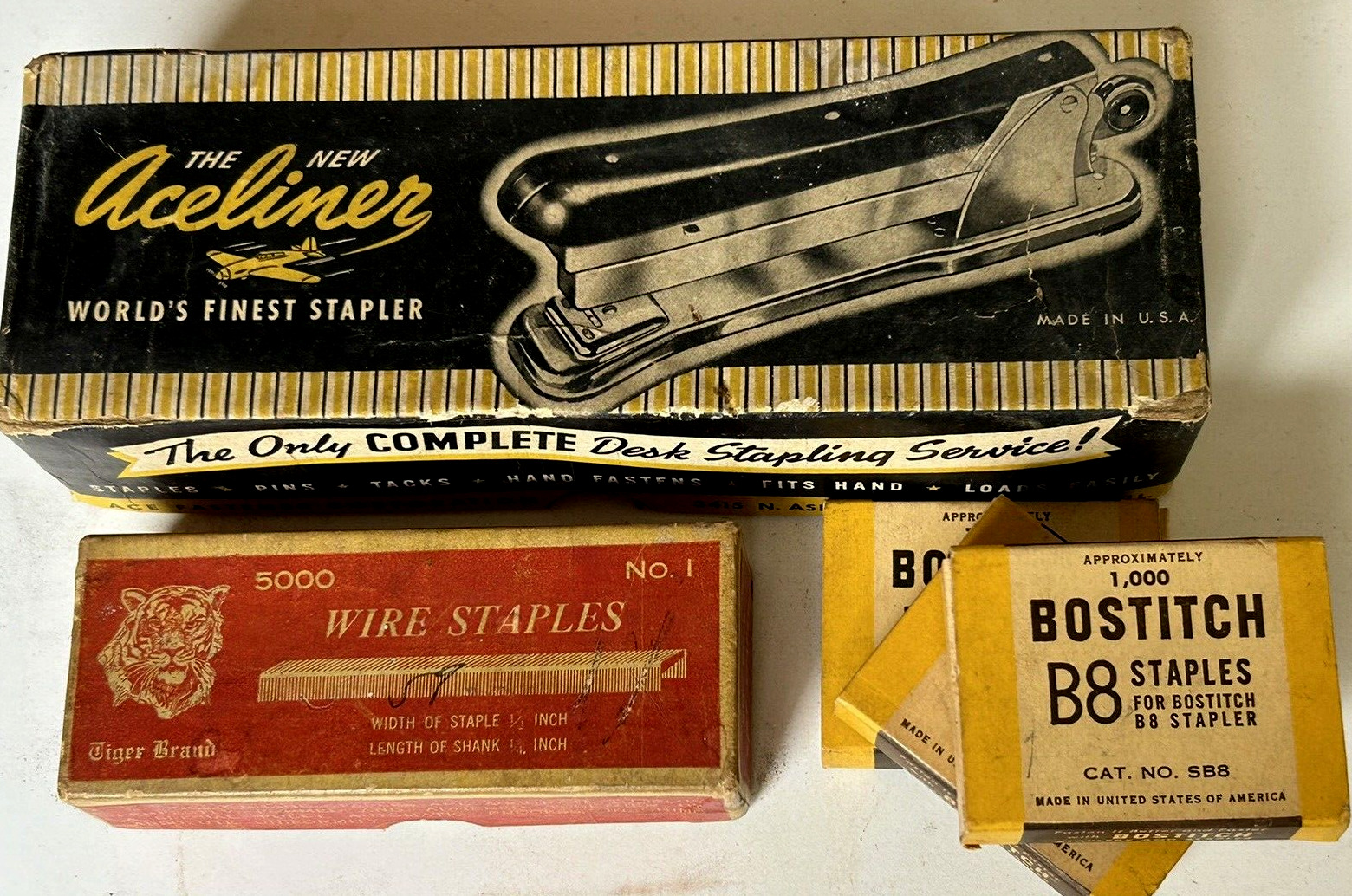 Vint Stationary ACELINER Stapler #402, TIGER BRAND Staples & BOSTICH Orig Boxes