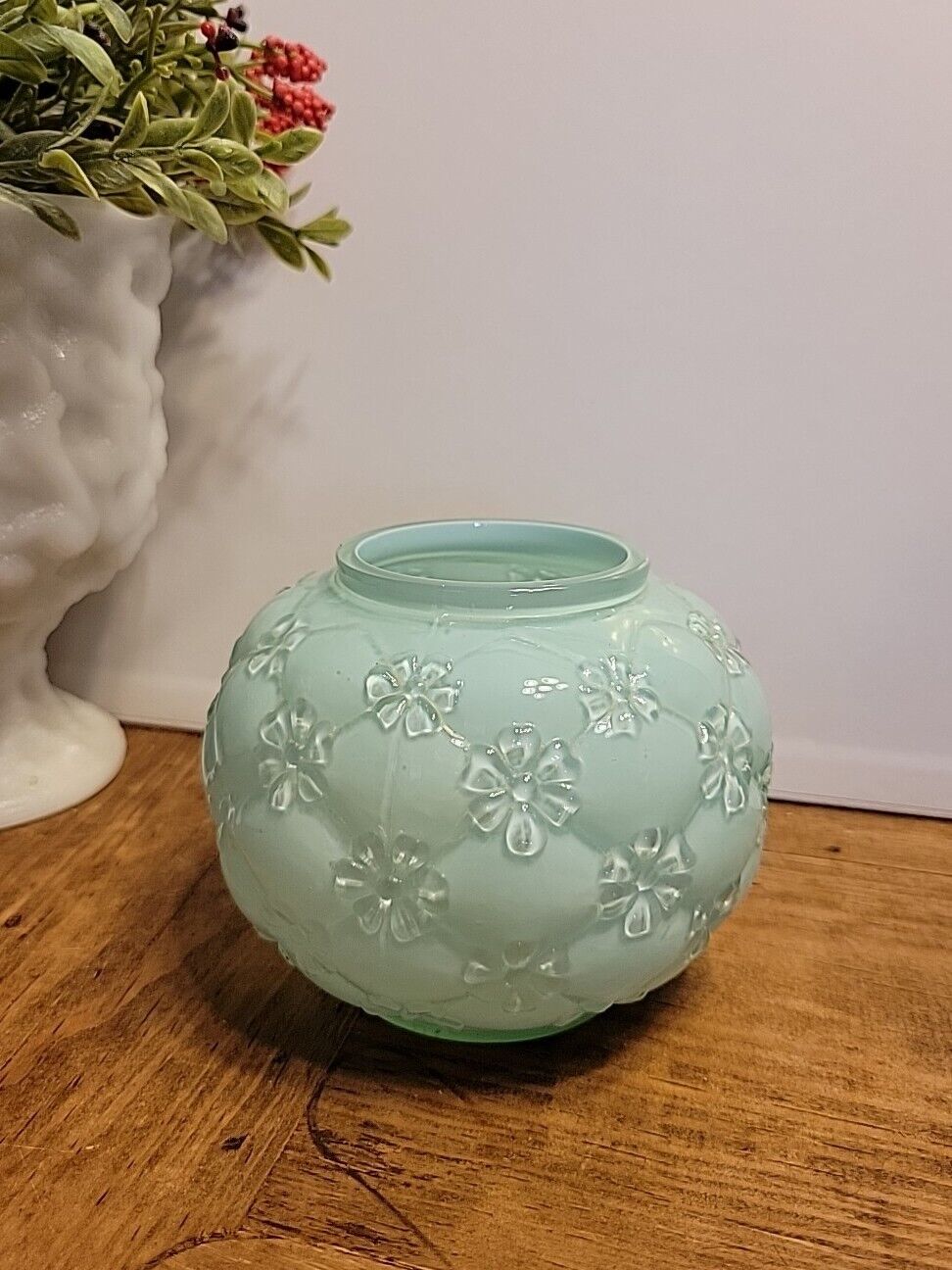Darling Vintage Northwood Aqua Green Quilted Phlox Rose Bowl Vase 