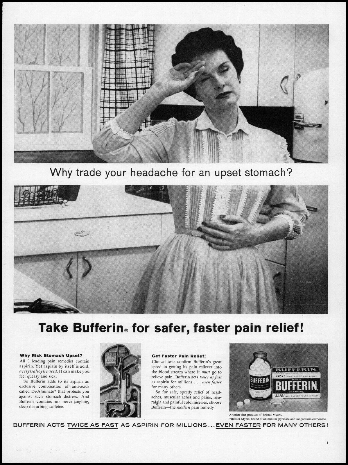 1959 Woman headache upset stomach Bufferin Aspirin retro photo print ad L93