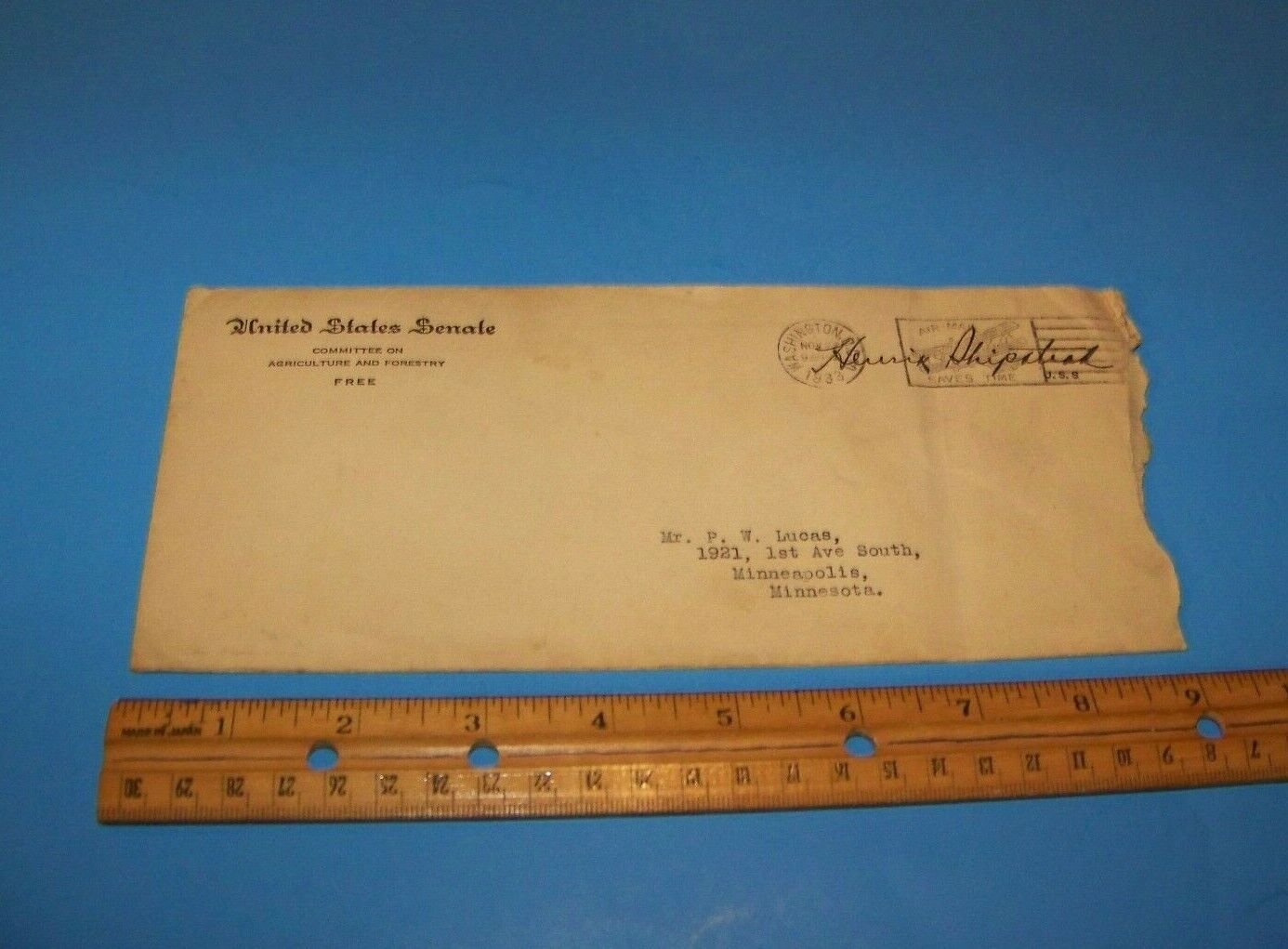  United States Senate  Envelope  Vintage 1933 Air Mail    Minnesota  Signed 