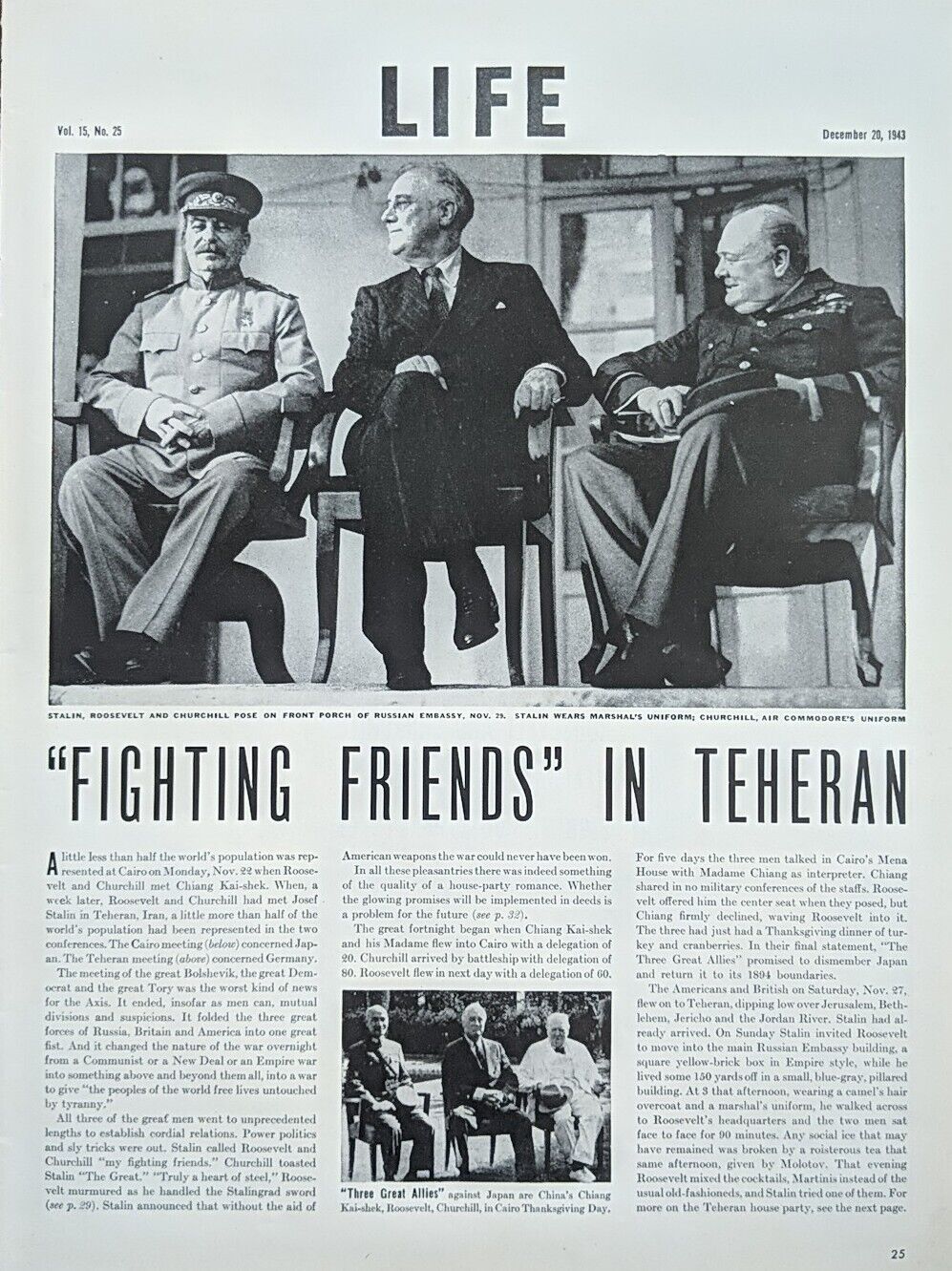 1943 Famous Meeting Roosevelt, Stalin & Churchill Defeat Axis Forces Print 