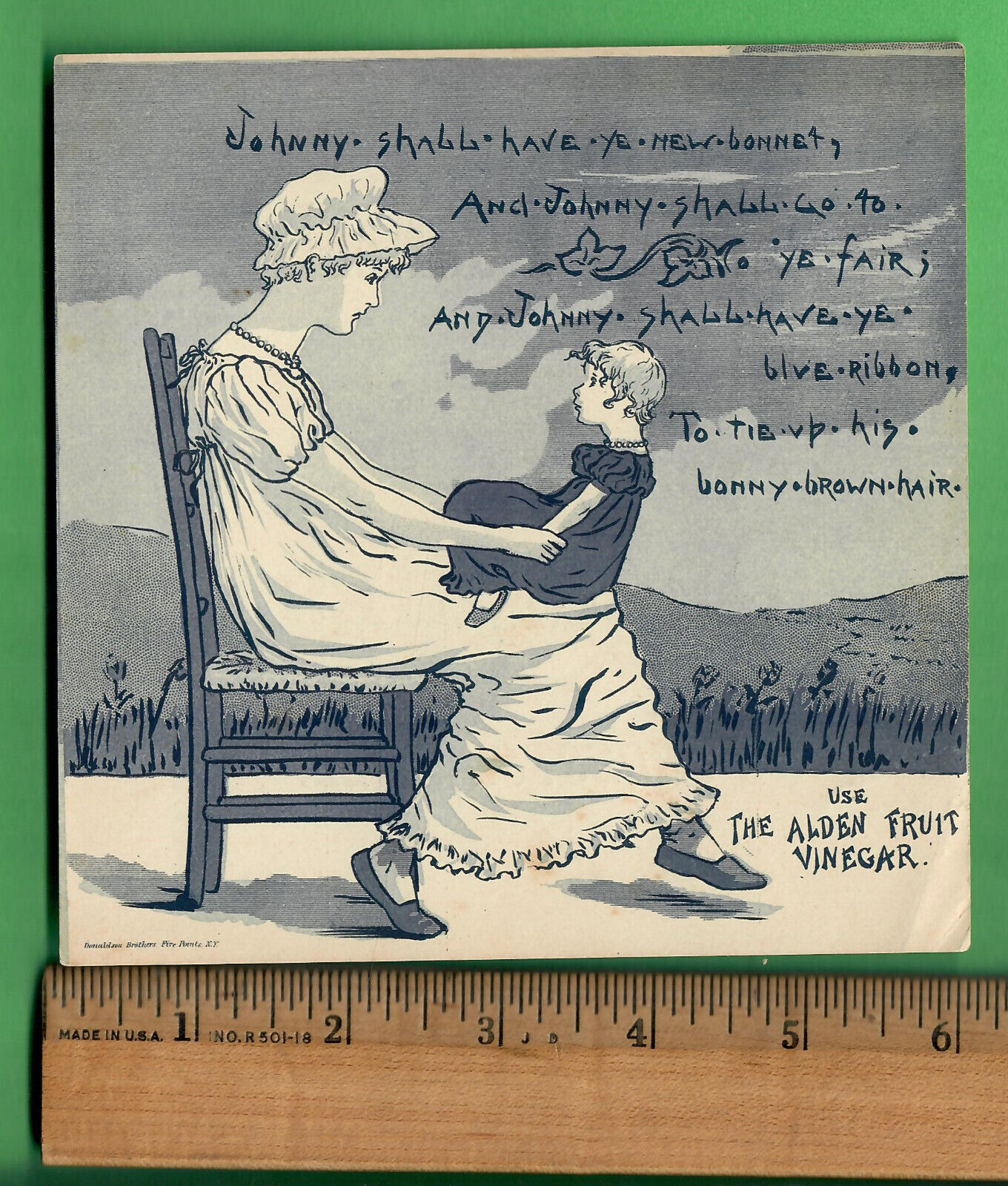 c.1890 LARGE VICTORIAN TRADE CARD  ALDEN FRUIT VINEGAR - GREENAWAY NURSERY RHYME