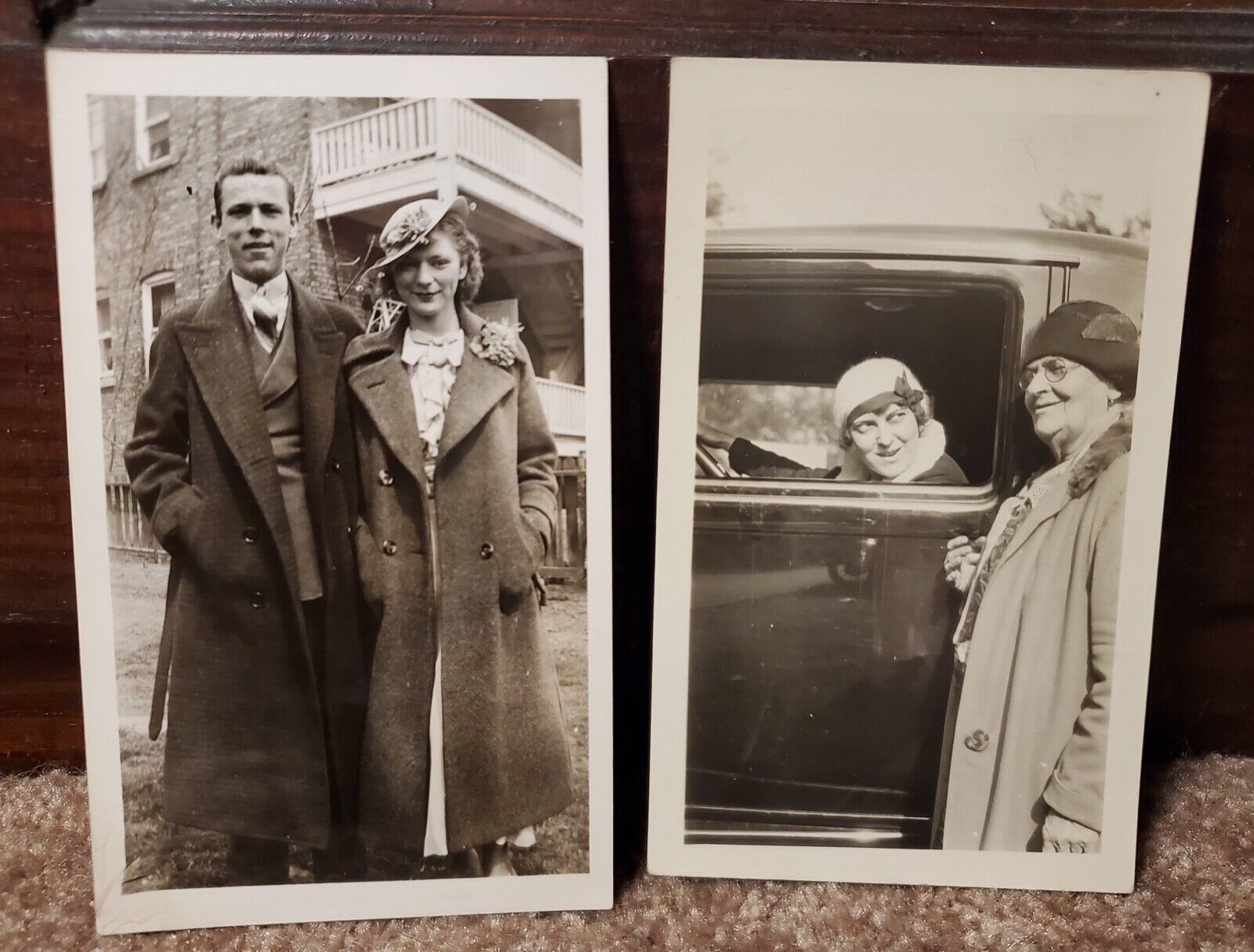 Antique 1930s Fashion Snapshots Couple Women Hats Peacoats Beautiful Lady Car