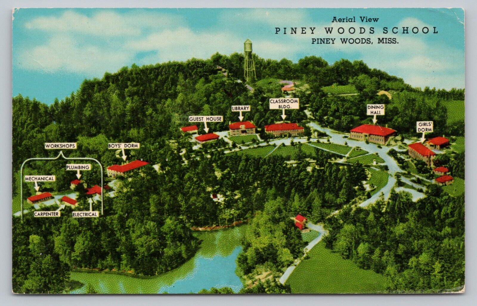 Postcard MS Piney Woods Aerial View Piney Woods Trade Schools Dorm Rooms I9