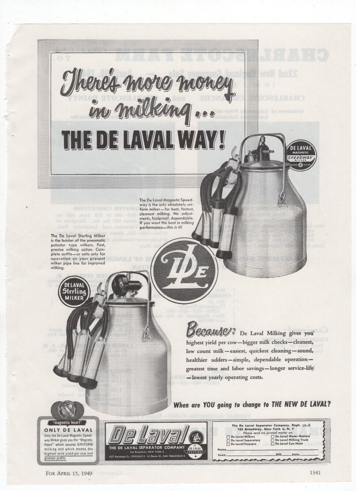 DeLaval Milking Machines   1949  Vintage Print Ad