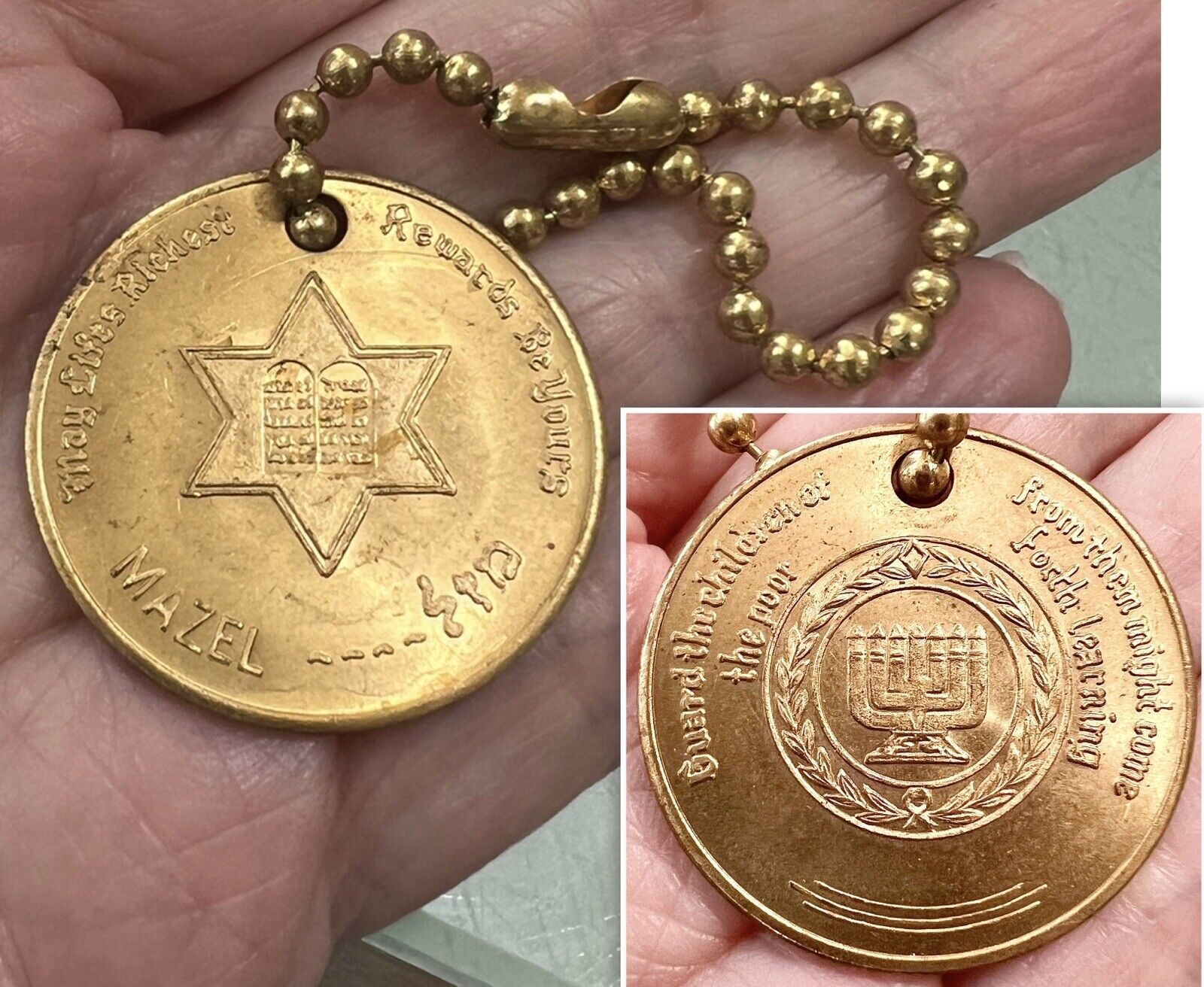 Vintage Judaica MAZEL מזל Luck Keychain Star of David 10 Commandments Menorah