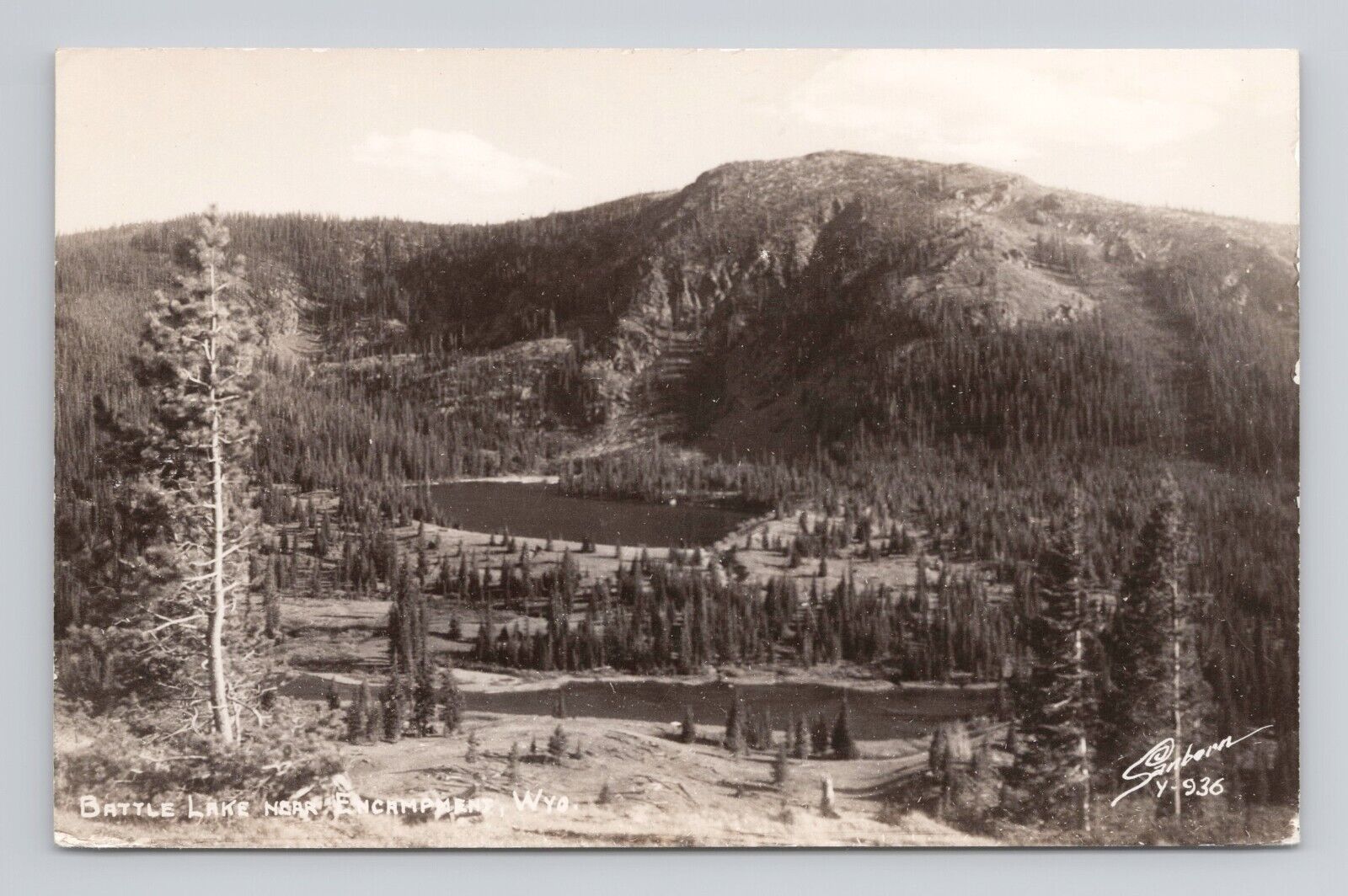 Postcard RPPC Battle Lake Encampment Wyoming View Hill Mountain Trees