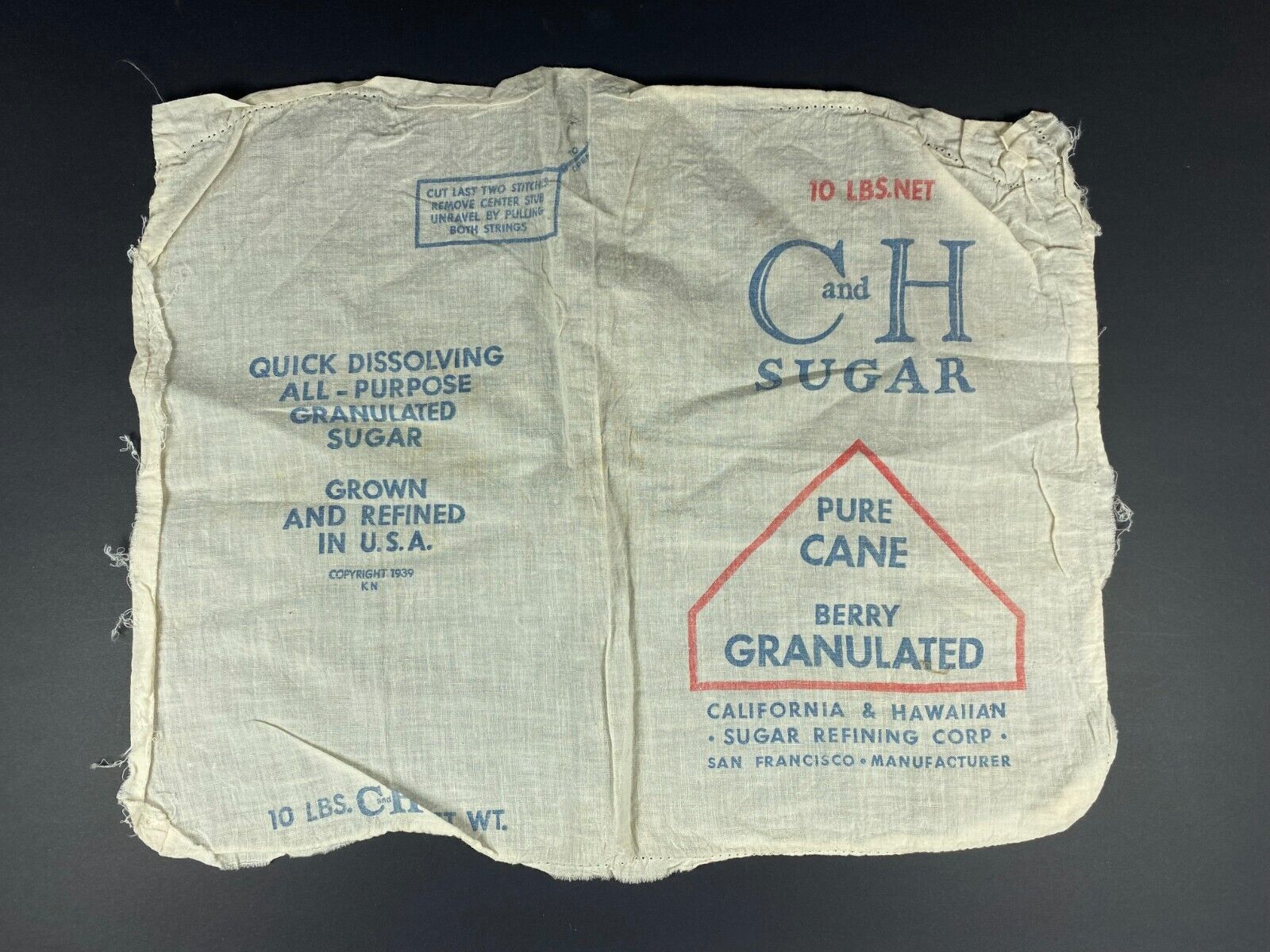 1939 10lb C & H Sugar Sack - California & Hawaiian Sugar Refining Corp. - SF, CA