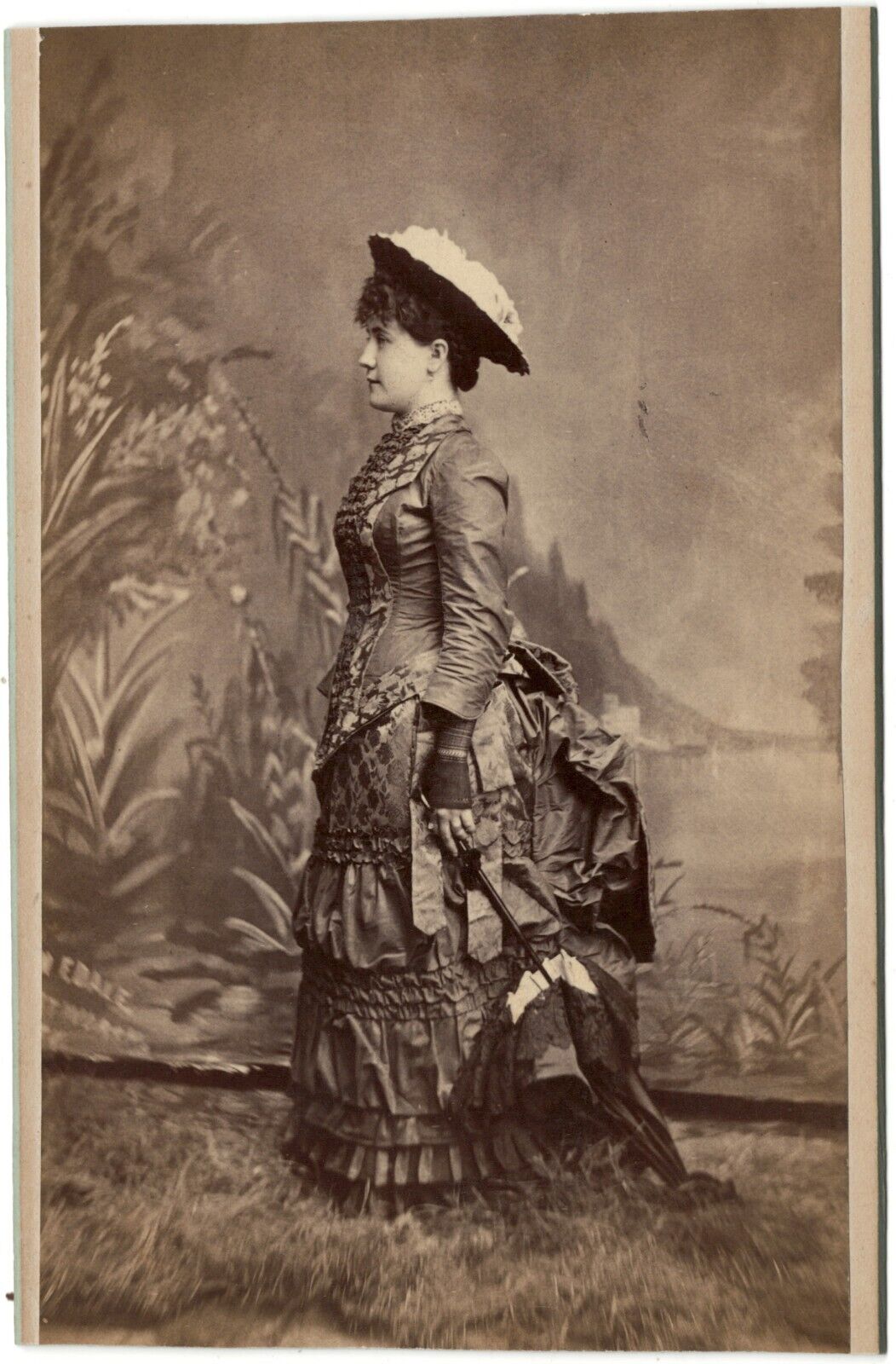 Amazing 1880s Victorian Era Lady in Dress and Hat - Imprint on Back 4x6 in.