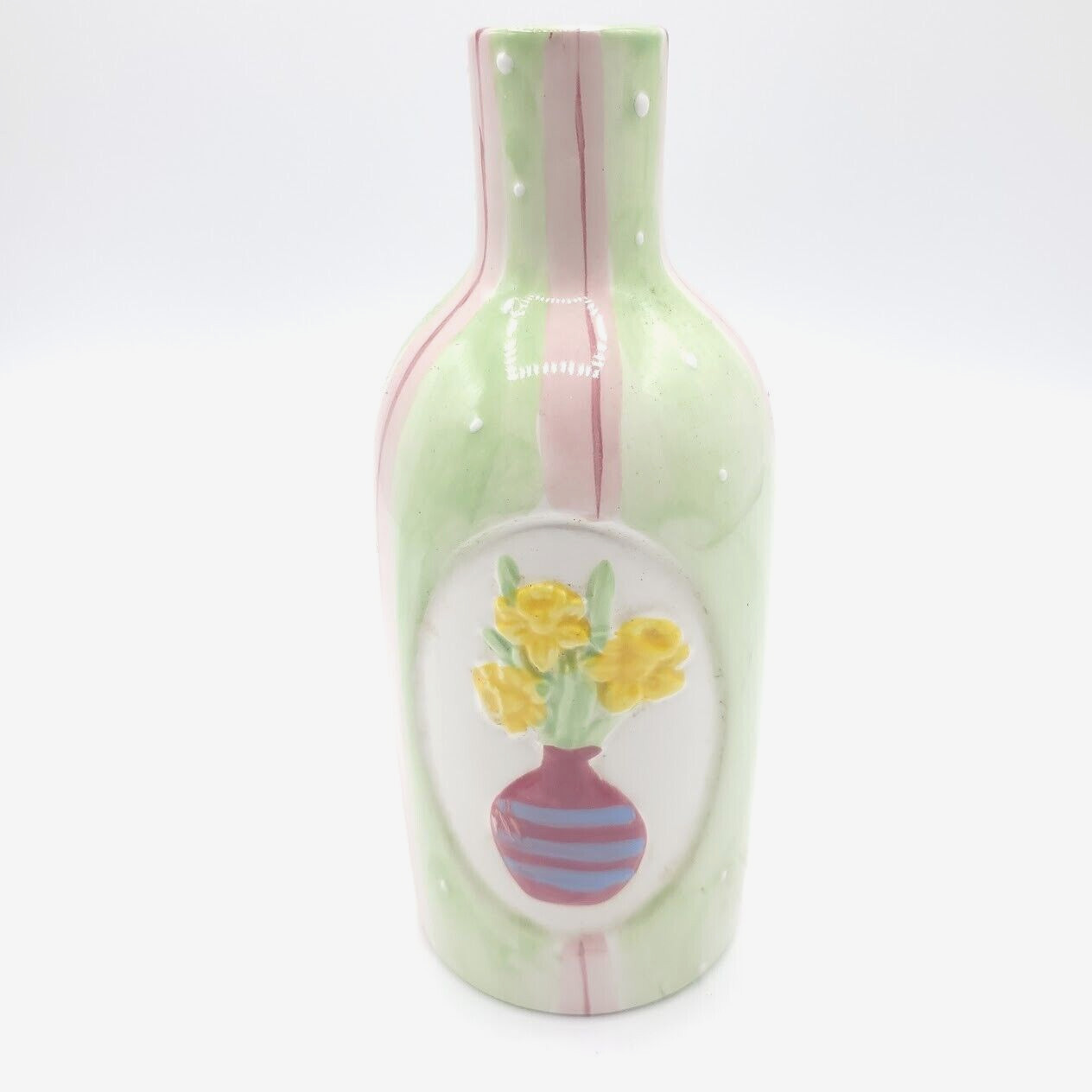 Small Flower Vase Ceramic Floral Etched Design Green Pink Yellow 6.50 in.
