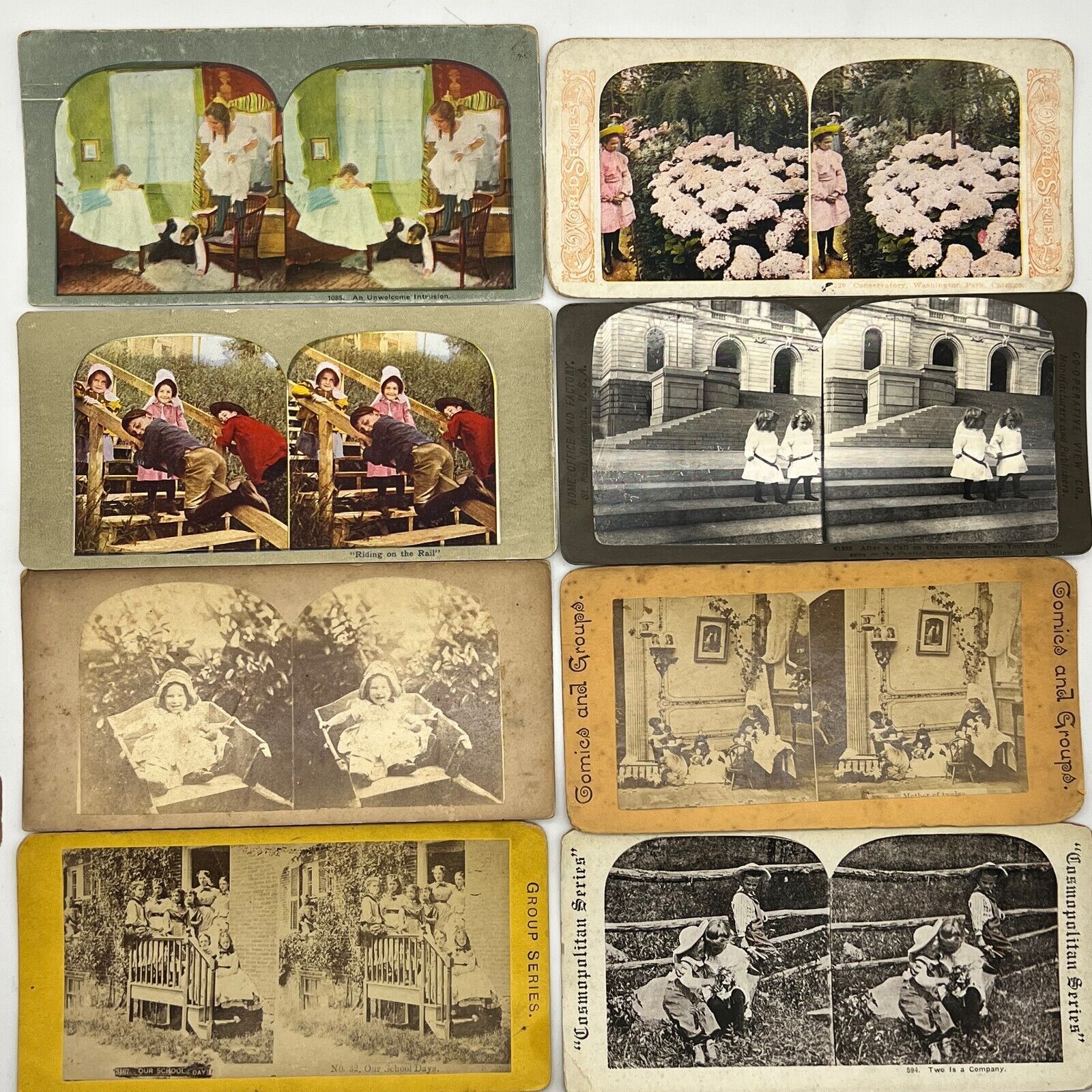 LOT: 8 STEREOVIEW CARDS Children Riding The Rail Unwelcome Intrusion Two Company