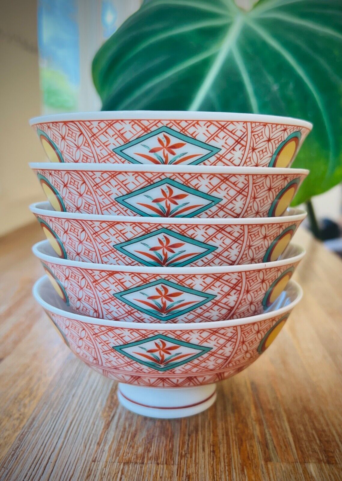 Vintage Japanese Rice Bowls Set of 5 Arita Ware Thin Porcelain Lightweight Showa