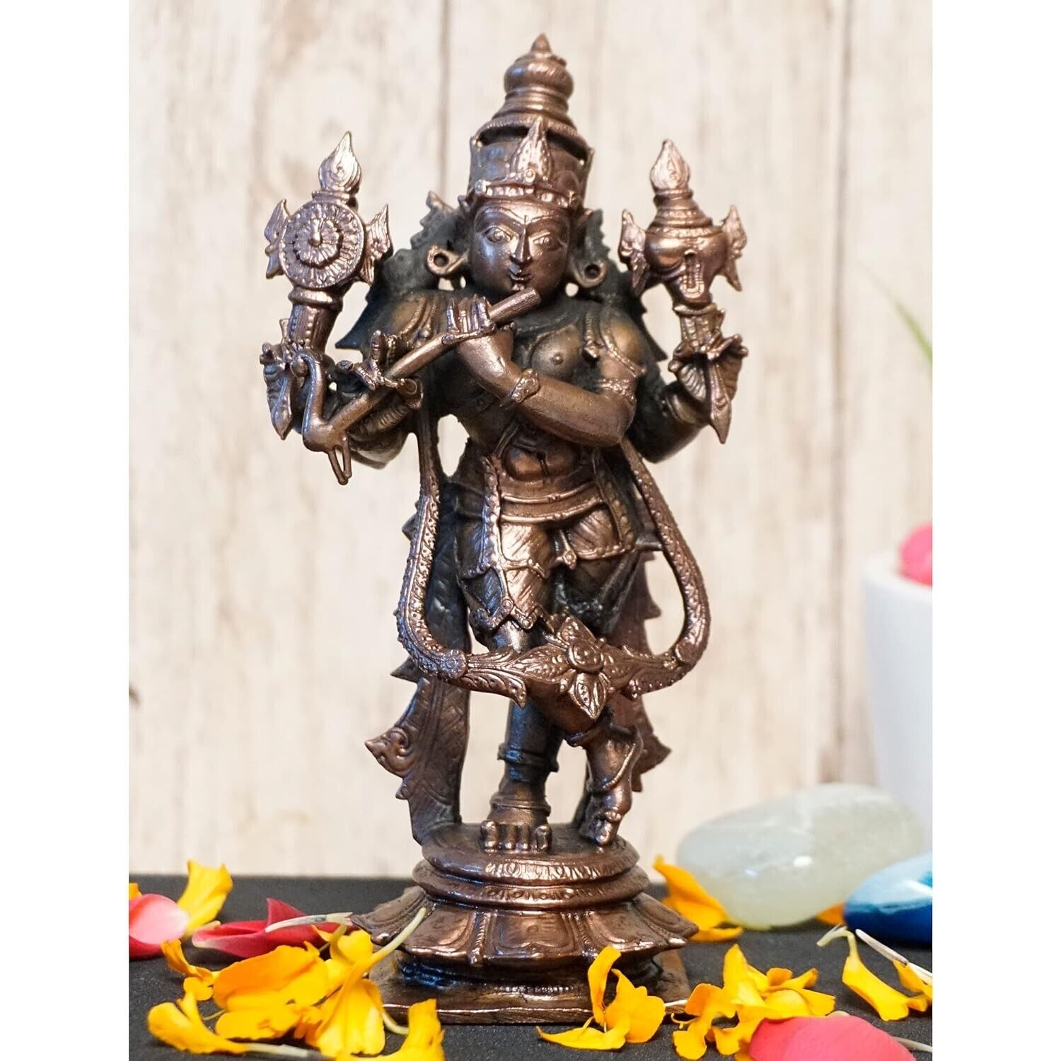 Antique Handmade Copper Chaturbhuj Krishna Statue For Worship Home Decor 6''
