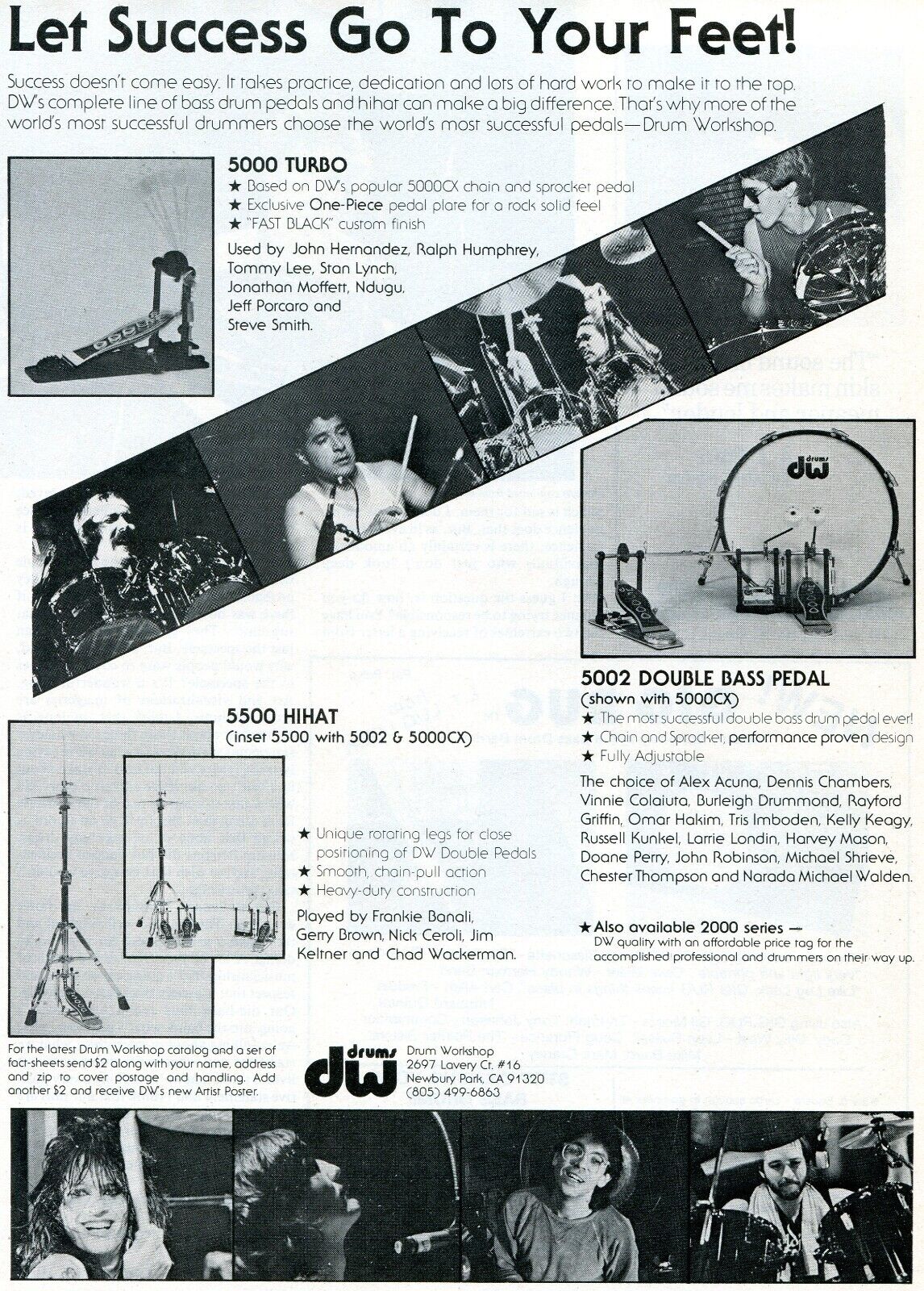 1984 Print Ad of DW 5000 Bass Drum Pedal w Tommy Lee, Jeff Porcaro, Stan Lynch