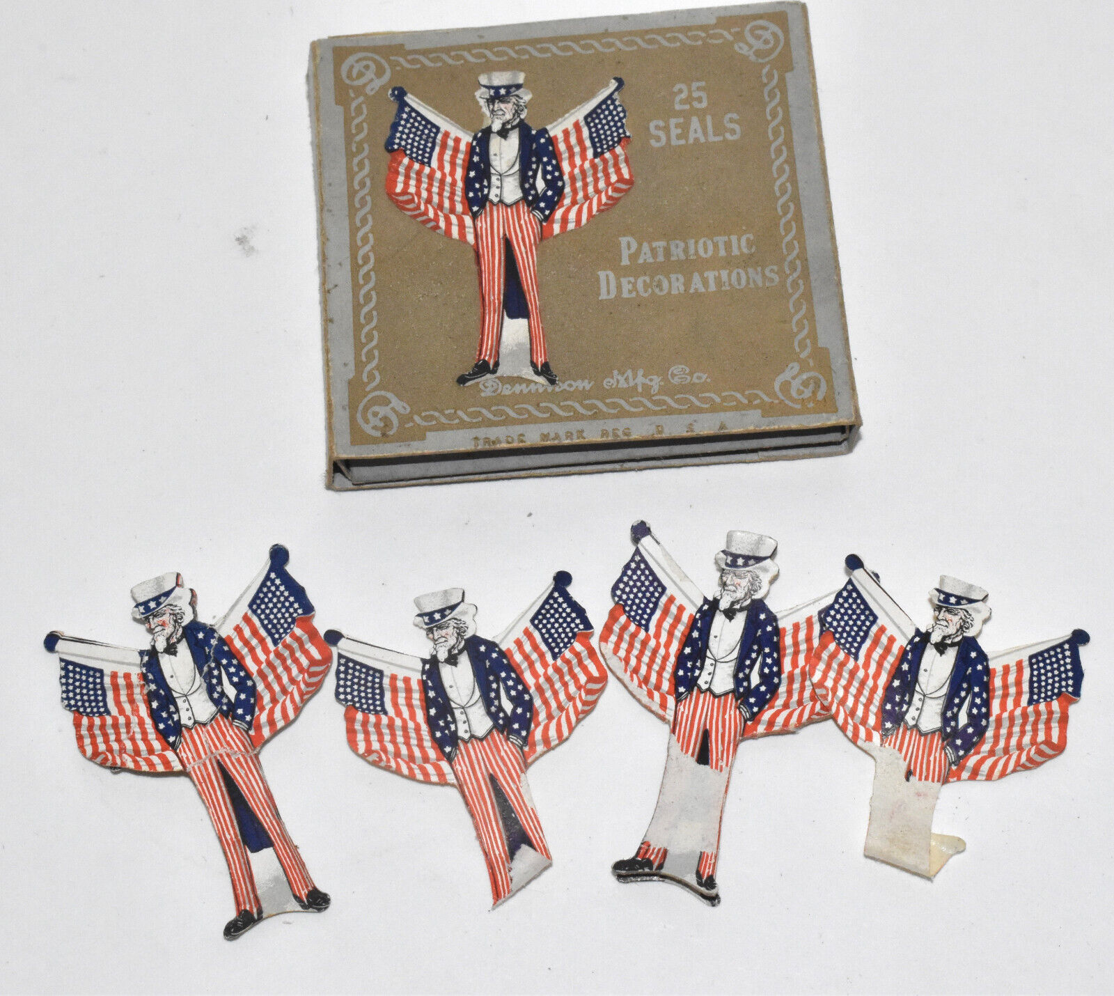 RARE Antique Dennison Patriotic Decoration Seals Uncle Sam Flags Die Cut in Box