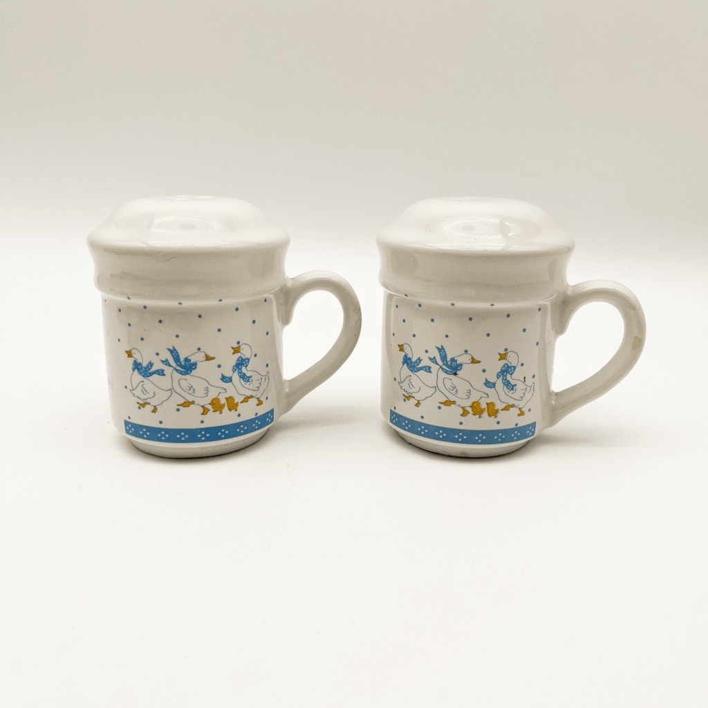 Vintage Country Goose Salt and Pepper Shakers - White Stoneware Blue Bow