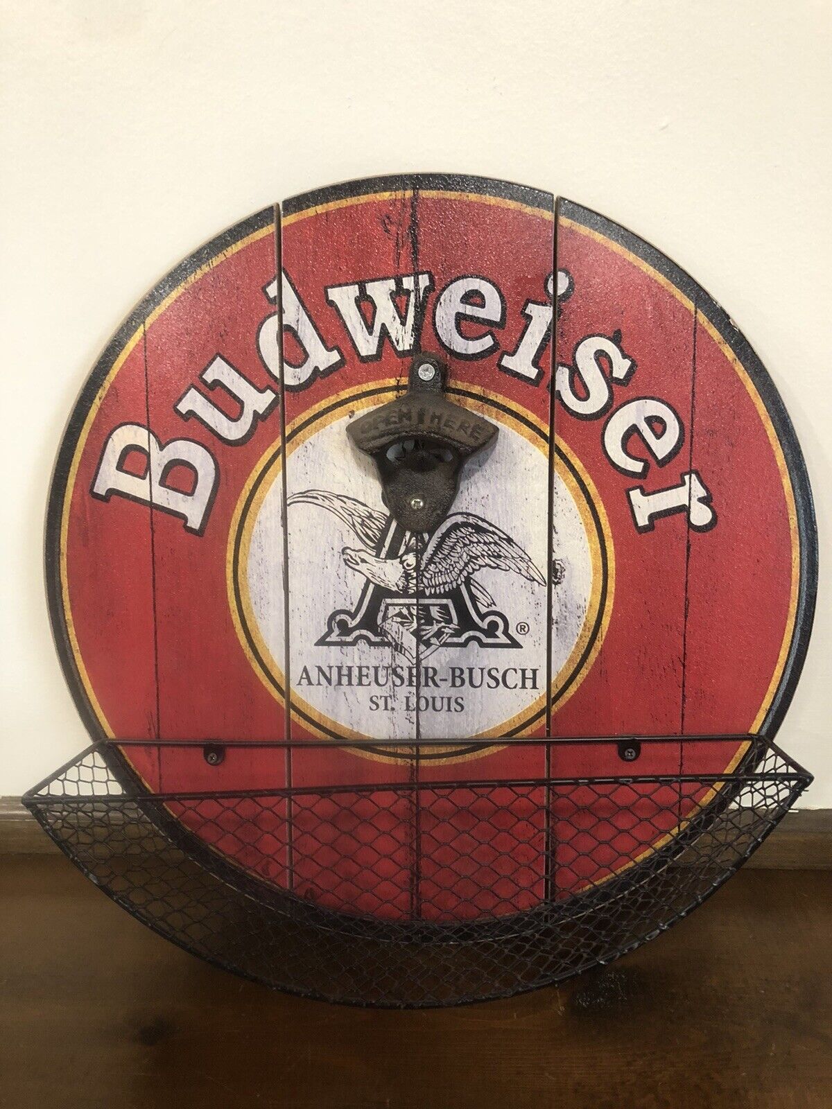 2018 Budweiser Bottle Opener And Basket On Sign Wood Composite About 14in Across