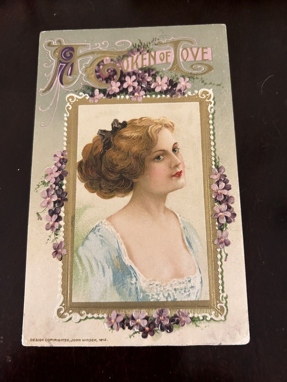 Valentine Postcard Winsch A TOKEN of LOVE.  Strawberry Blonde in Ice Blue Dress