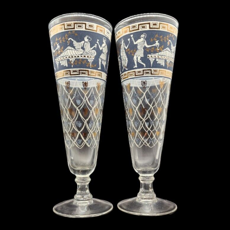 2 Vtg Cera 22K Gold Etruscan Frieze Pilsner Footed Barware Glass Ancient Rome