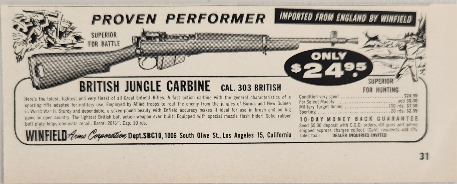 1958 Print Ad British Jungle Cal. 303 Carbines Bolt Action Winfield Los Angeles